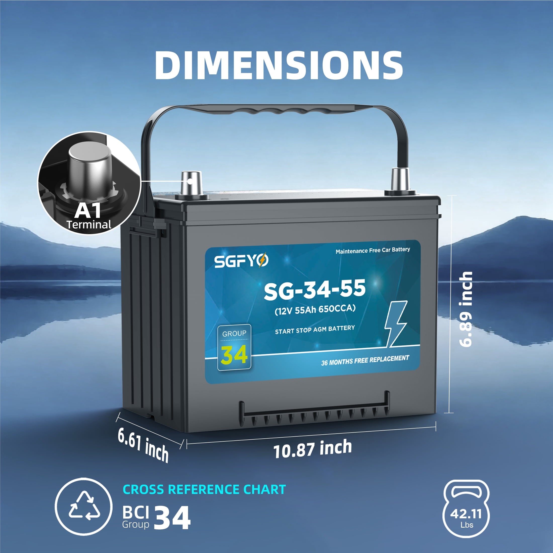 SGFYO Group Size 35 Car Battery,12V 55Ah 650CCA 88RC,AGM Maintenance Free Start Stop Automotive Replacement Battery
