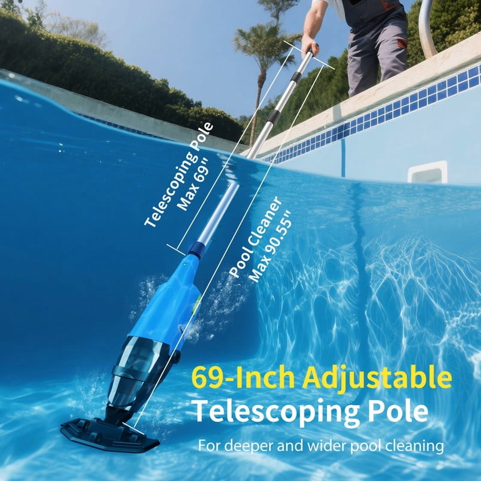 Efurden Cordless Pool Vacuum, Handheld Pool Vacuum with Running Time up to 60-Minutes for Above Ground Pools, Spas and Hot Tubs, Yellow