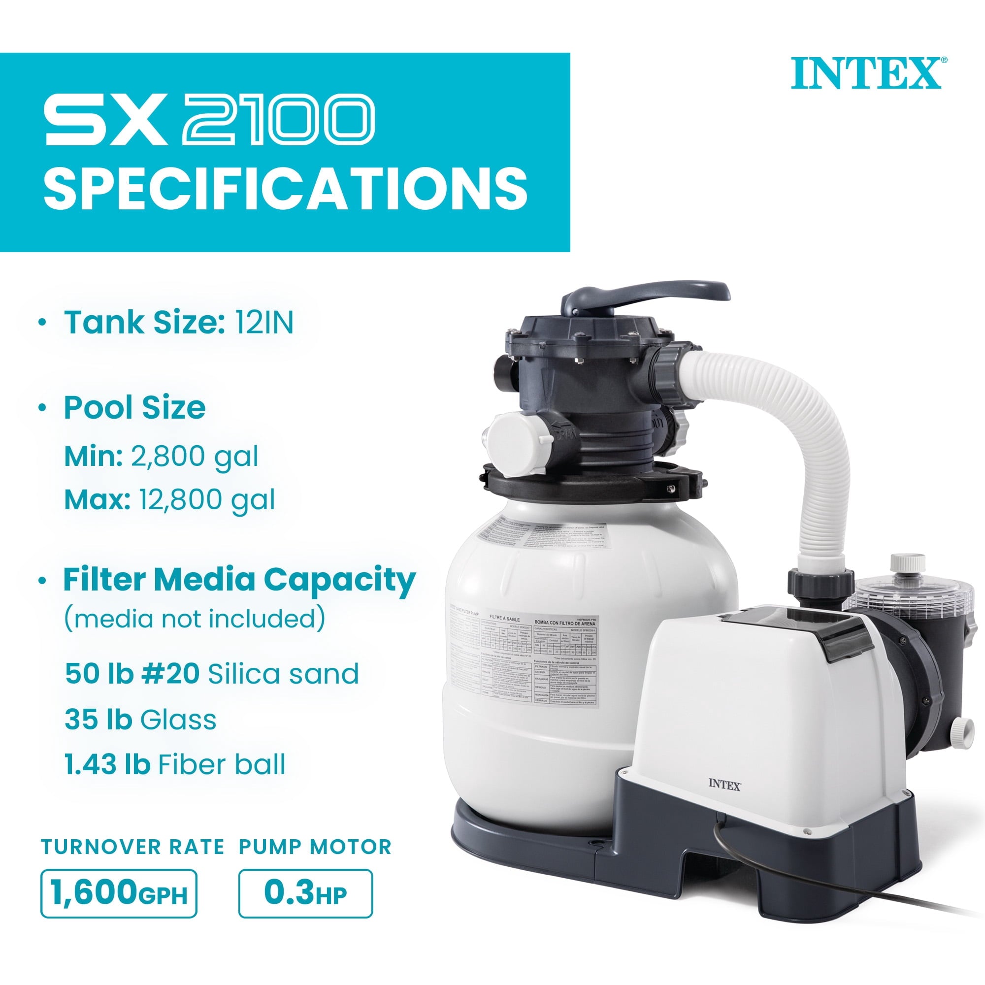 Intex10 inch Krystal Clear Sand Filter Pool Pump, 1500 Gph Motor 1200 GPH System Flow Rate with GFCI, 110-120 V