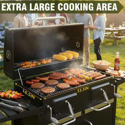 Bestfire Extra Large Charcoal BBQ Grill with Oversized Cooking Space, Dual Charcoal Trays, Enamel Grates & Chrome Warming Rack, Outdoor Barbecue Smoker with 4 Wheels & Side Tables