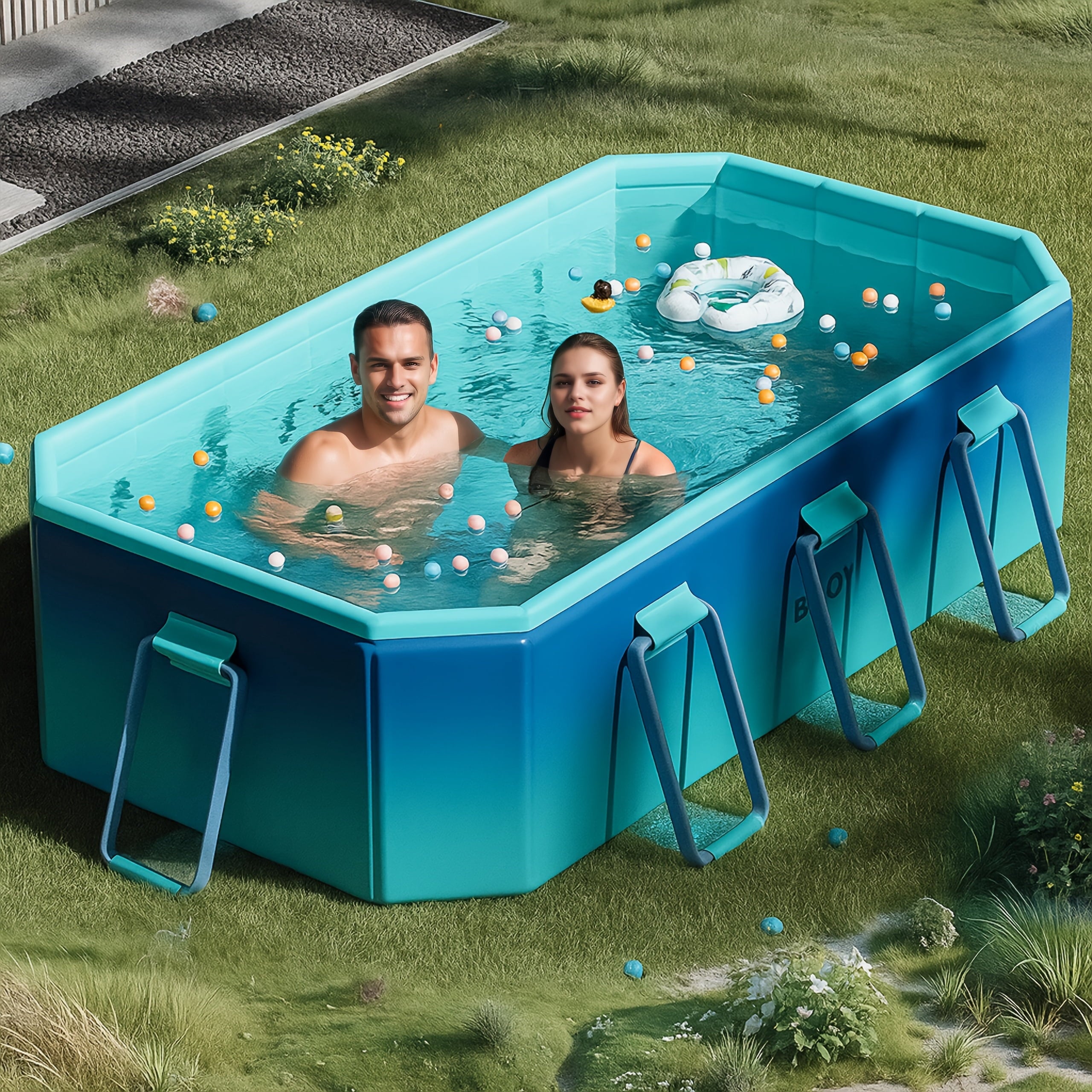 82/102 Inch No-Installation, No-Inflation Adult Swimming Pool, Thickened Wear-Resistant PVC Bracket Solid Non-Inflatable Quick-Open Simple Pool for Home Use, Outdoor Courtyard Party Pool