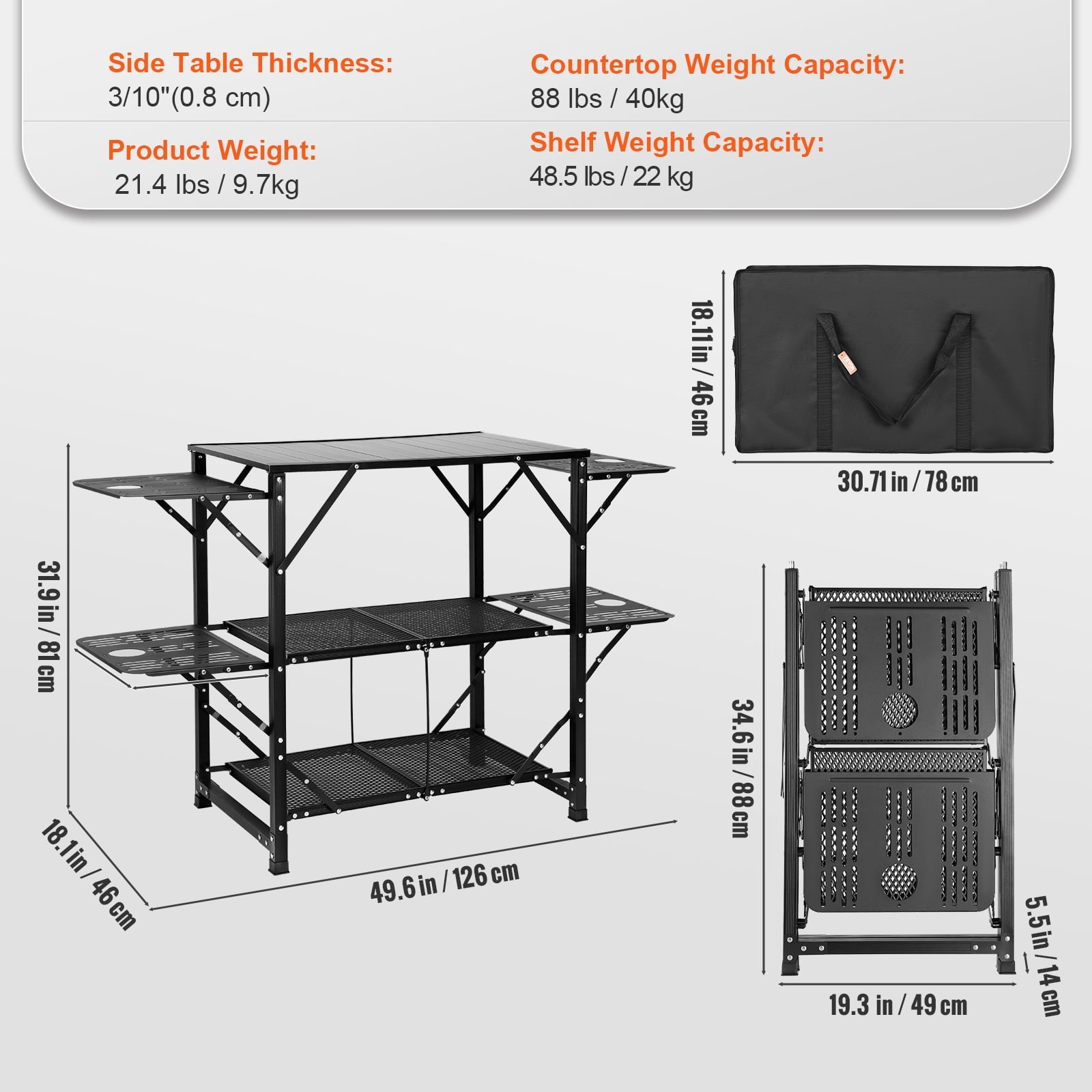 VEVOR Camping Kitchen Table, Quick set-up Folding Camping Table with A Carrying Bag, 3 Adjustable Heights, MDF Camping Table, Ideal for Outdoor Picnics, BBQs, Camping, RV Traveling