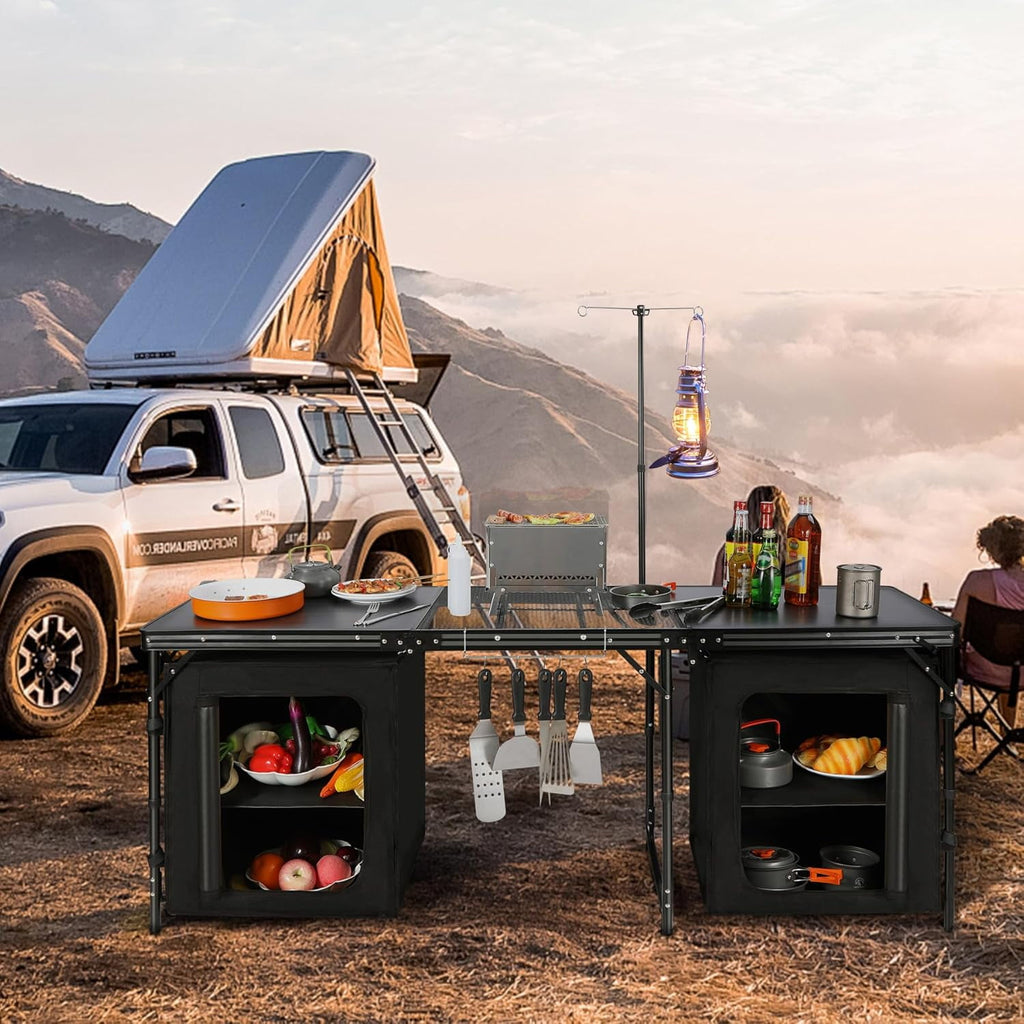 REDCAMP Extra Long Camping Kitchen Tri-Fold Table with Storage Organizer, Folding Camping Cook Station Grill Table Portable for Party Courtyard Picnic