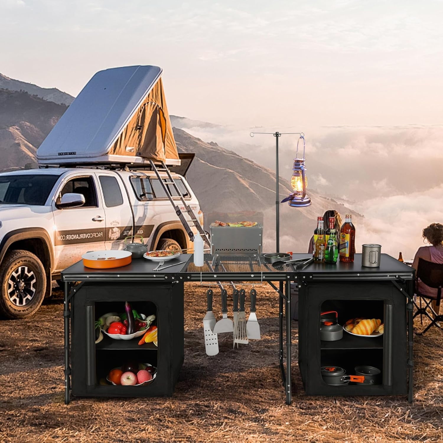 REDCAMP Extra Long Camping Kitchen Tri-Fold Table with Storage Organizer, Folding Camping Cook Station Grill Table Portable for Party Courtyard Picnic
