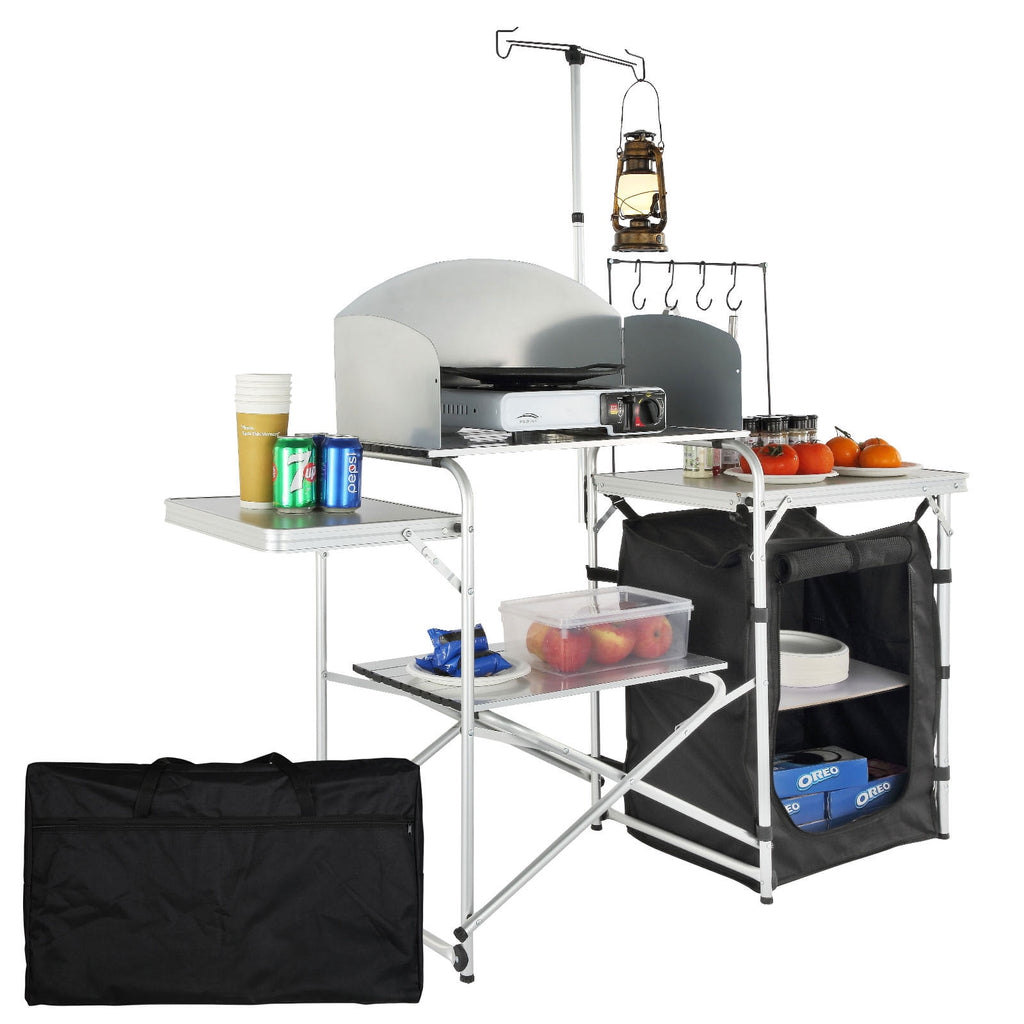 KFFKFF Portable Camp Kitchen, Collapsible Outdoor Chef Station with Storage Bag, Metal Prep Area, Single Cabinet & Removable Wind Guard, Easy Assembly for Camping, Barbecues, RV Trips, Black