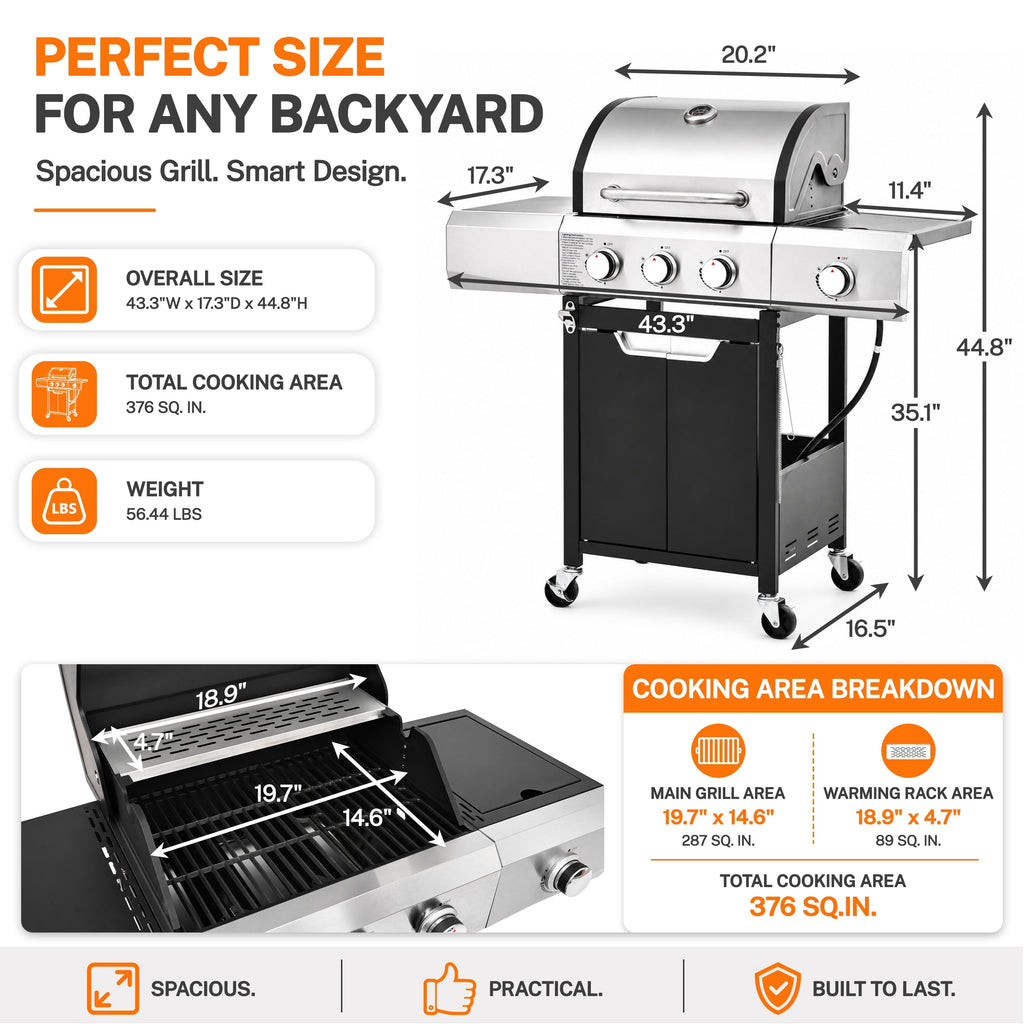 Segmart 4 Burner BBQ Propane Gas Grill with Side Burner, Stainless Steel 50,000 BTU Patio Barbecue Grill with Shelf, Gas Tank Hook, Towel Rack & Bottle Opener, Fits for Camping, Outdoor Cooking