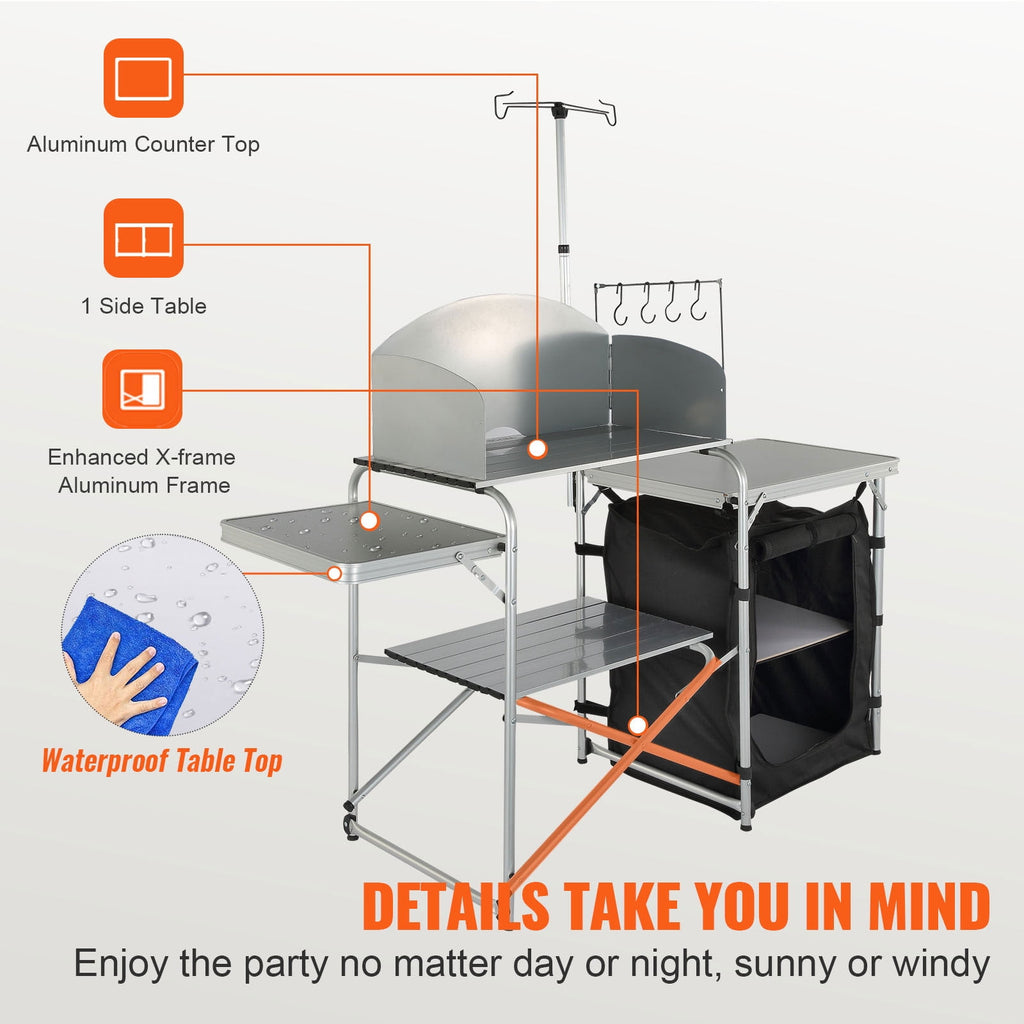 KFFKFF Portable Camp Kitchen, Collapsible Outdoor Chef Station with Storage Bag, Metal Prep Area, Single Cabinet & Removable Wind Guard, Easy Assembly for Camping, Barbecues, RV Trips, Black