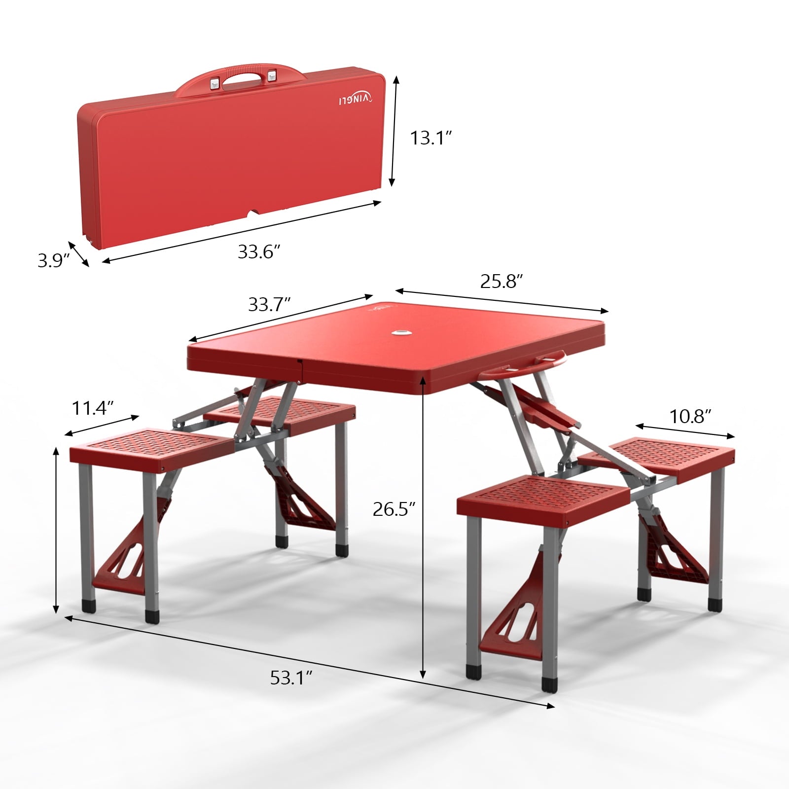 Ktaxon Portable Folding Picnic Table With 4-Person Chair Seats, Foldable Plastics Camping Table Set, Red