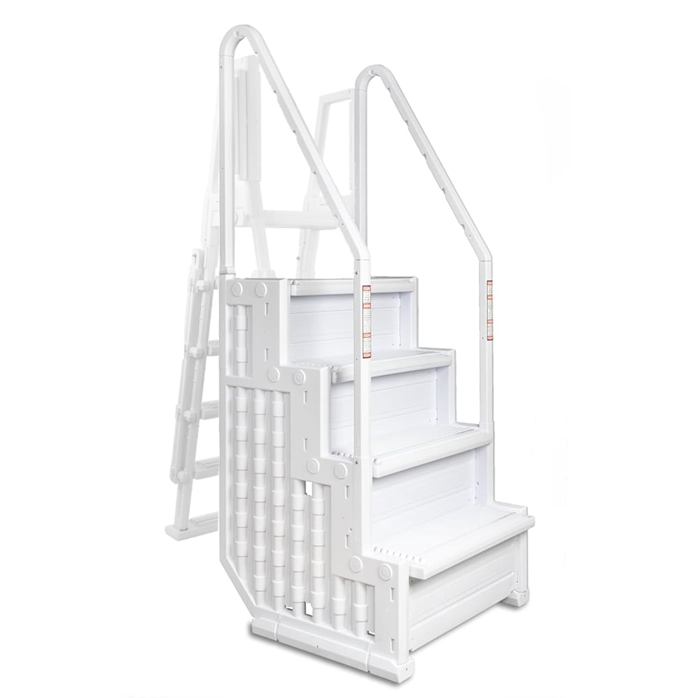 Aqua Select White Anti-Slip Pool Steps with White Steps and White Outside Flip-up Safety Ladder, 48-54H