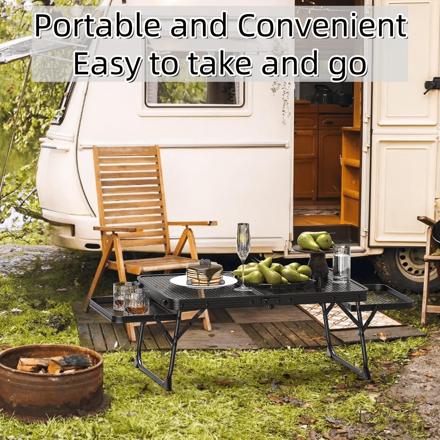 SROEDTY 40 Inch Folding Metal BBQ Grill Table, Adjustable Height Outdoor Cooking Table with 2 Side Tables, Lightweight Portable Design for Camping, Picnic and Backyard Barbecue