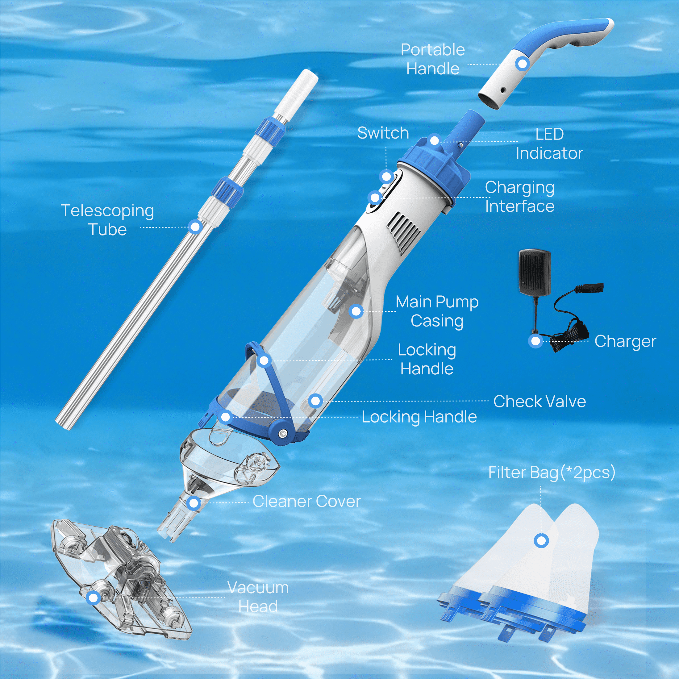 Syvio Cordless Handheld Pool Vacuum, 18.5 GPM Powerful Suction, 60-Minute Runtime, 11.4 Wide Head, for Above Ground & Inground Pools, Spas & Hot Tubs