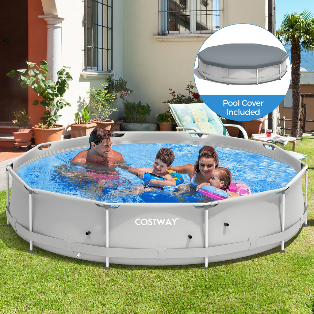 Costway Round Above Ground Swimming Pool Patio Frame Pool W/ Pool Cover Iron Frame Blue
