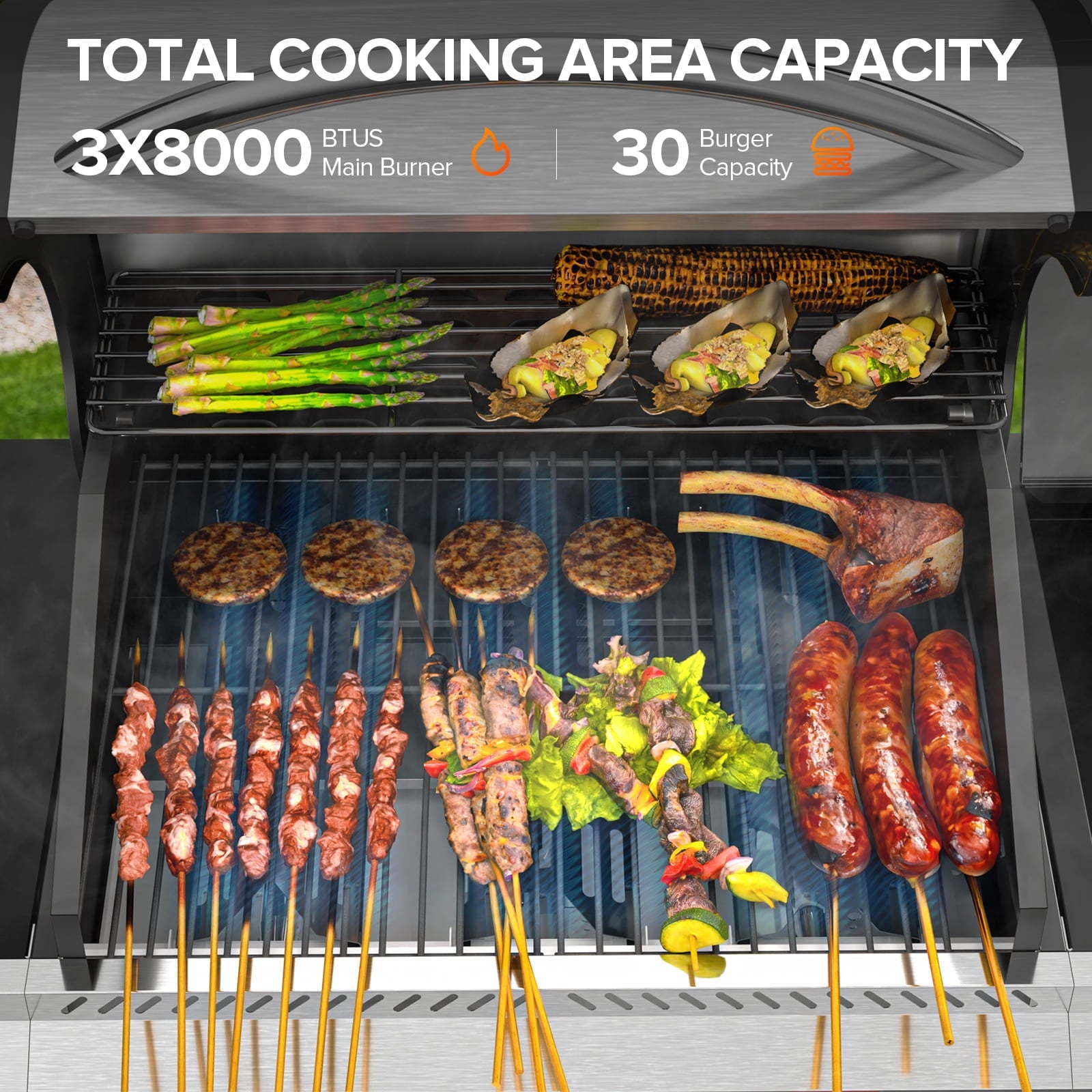 LHRIVER Stainless Steel 3 Burner Propane Gas Grill with Side Burner, 34,000 BTU Patio Garden Barbecue Grill,Porcelain-Enameled Cast Iron Grates
