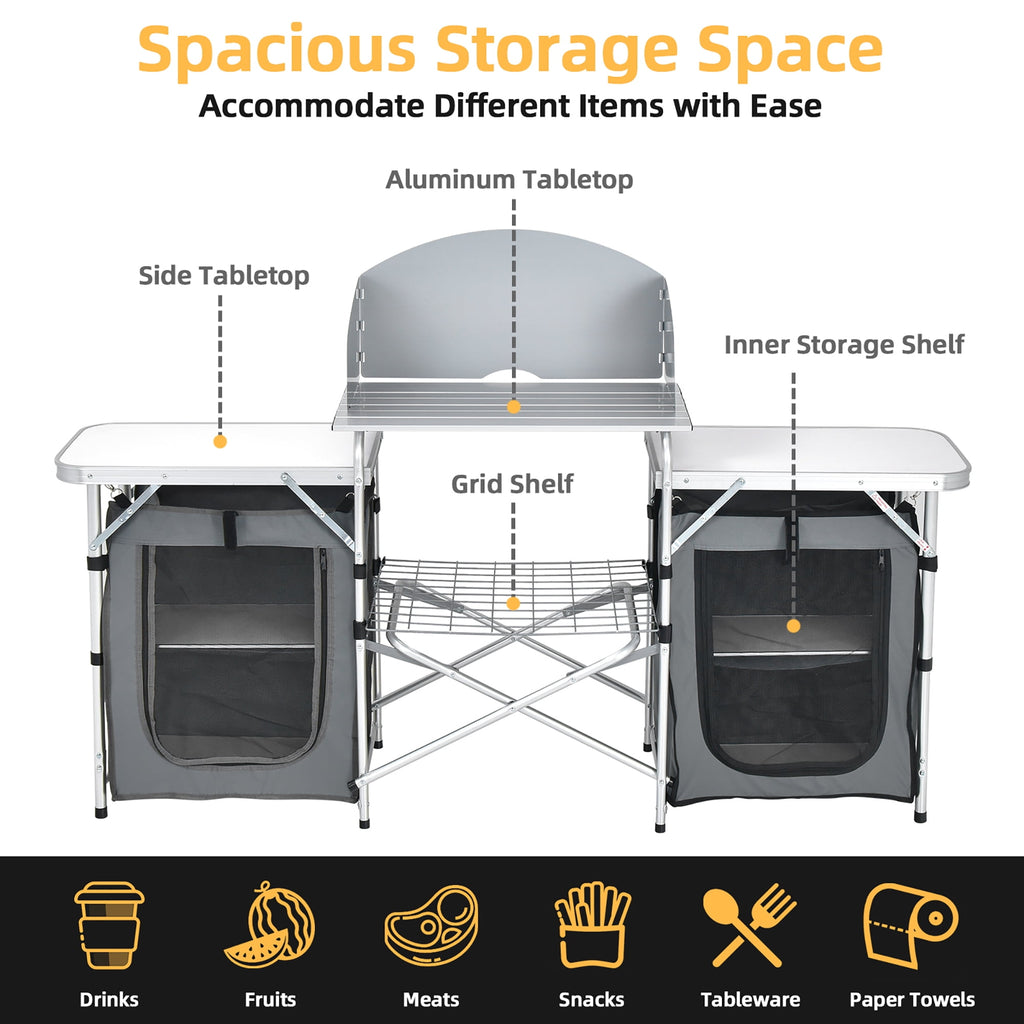 Costway Folding Portable Aluminum Camping Grill Table w/ Storage Organizer Windscreen Grey