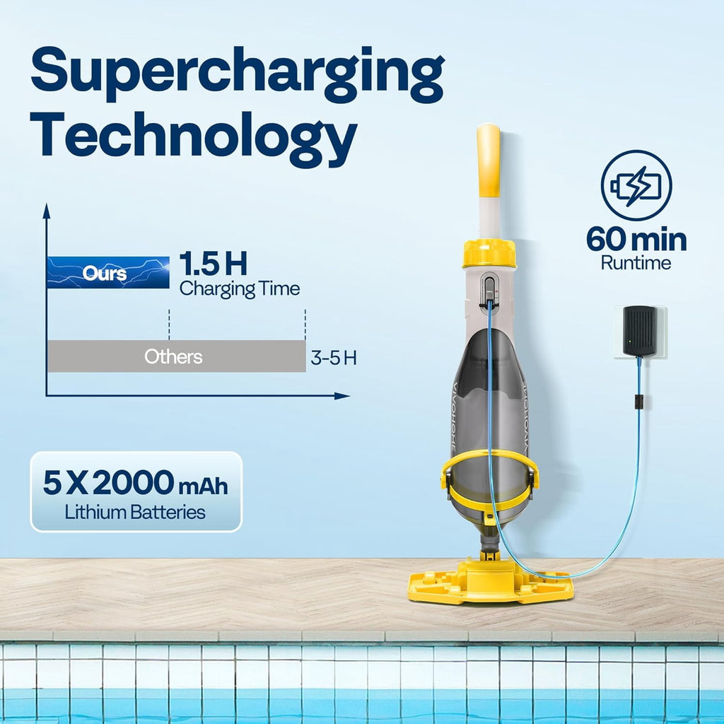 SPECSTAR Cordless Pool Vacuum with Telescopic & Extension Poles 9.12ft, 18.5 GPM Suction, 60-Min Run Time, Handheld Cleaner Rechargeable with Battery Indicator for Pools/Spas/Hot Tubs - Yellow