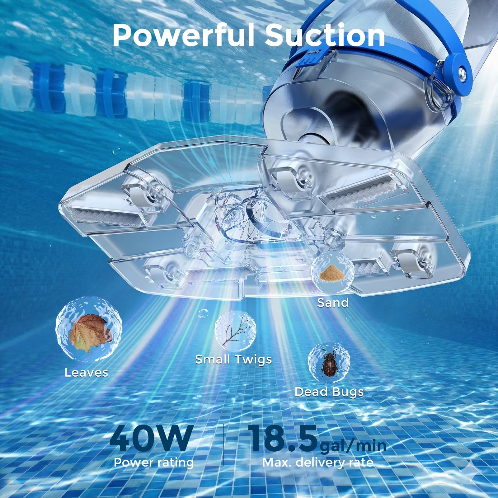 SYVIO 40W Cordless Handheld Pool Vacuum Cleaner, 18.5 GPM Rechargeable Pool Vacuum, 75 Min Runtime, 2 Hr Fast Charging for Pool, Spa & Hot Tub with 87.5 Telescopic Pole