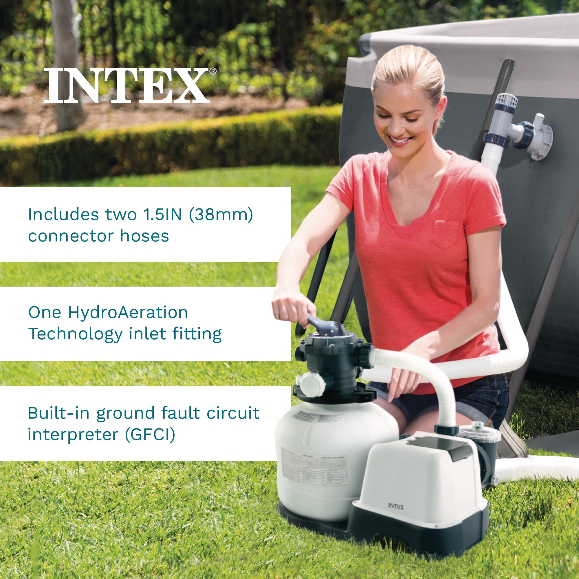 Intex10 inch Krystal Clear Sand Filter Pool Pump, 1500 Gph Motor 1200 GPH System Flow Rate with GFCI, 110-120 V