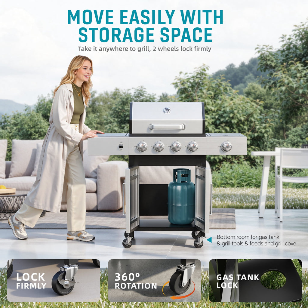 Biotree 3 Burner Gas Grill with Side Burner,40800 BTU Barbecue Grill Propane Stainless Steel BBQ Grill with Porcelain-Enameled Cast Iron Grates for Outdoor Cooking