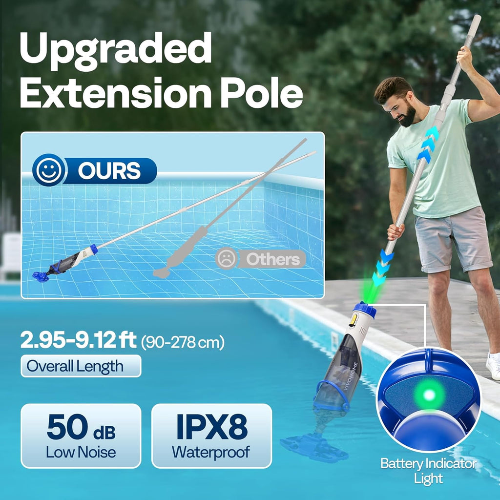 SPECSTAR Cordless Pool Vacuum with Telescopic & Extension Poles 9.12ft, 18.5 GPM Suction, 60-Min Run Time, Handheld Cleaner Rechargeable with Battery Indicator for Pools/Spas/Hot Tubs - Yellow