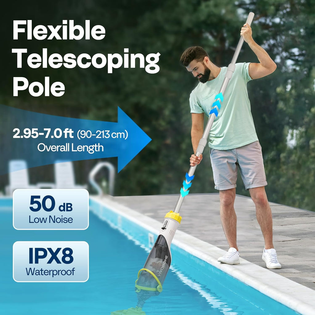SPECSTAR Cordless Pool Vacuum with Telescopic Pole, Powerful Suction up to 18.5 GPM, 60 Mins Running Time, Handheld Rechargeable Swimming Pool Cleaner for Pools/Spas/Hot Tubs, Yellow
