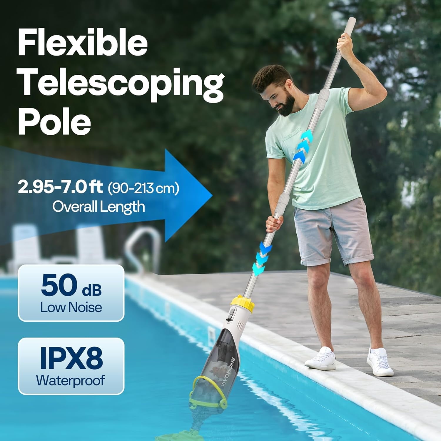 SPECSTAR Cordless Pool Vacuum with Telescopic Pole, Powerful Suction up to 18.5 GPM, 60 Mins Running Time, Handheld Rechargeable Swimming Pool Cleaner for Pools/Spas/Hot Tubs, Yellow