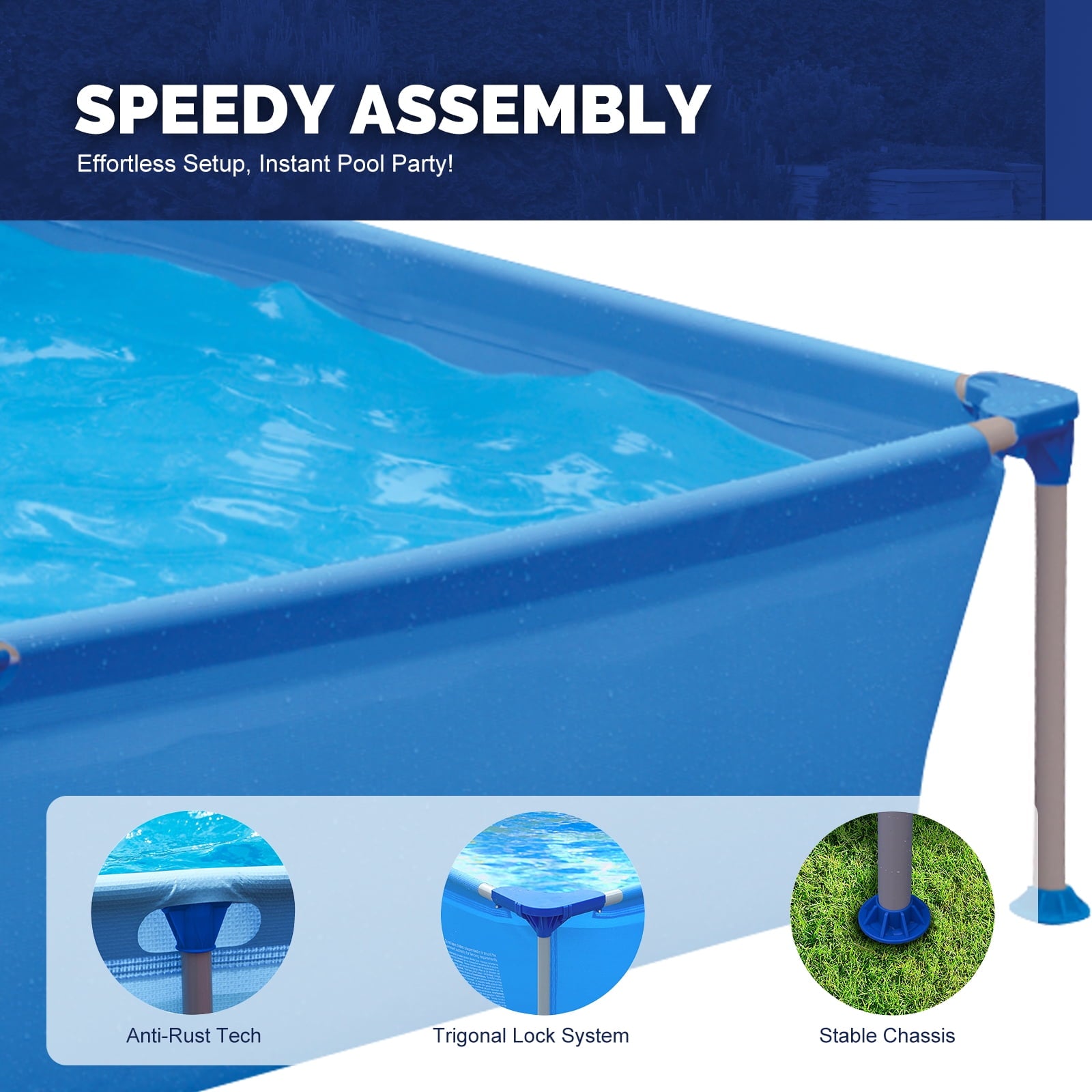 Honeydrill 6.2ft x 4.2ft x 16.5in Rectangular Metal Frame Above Ground Swimming Pool for Family, Blue