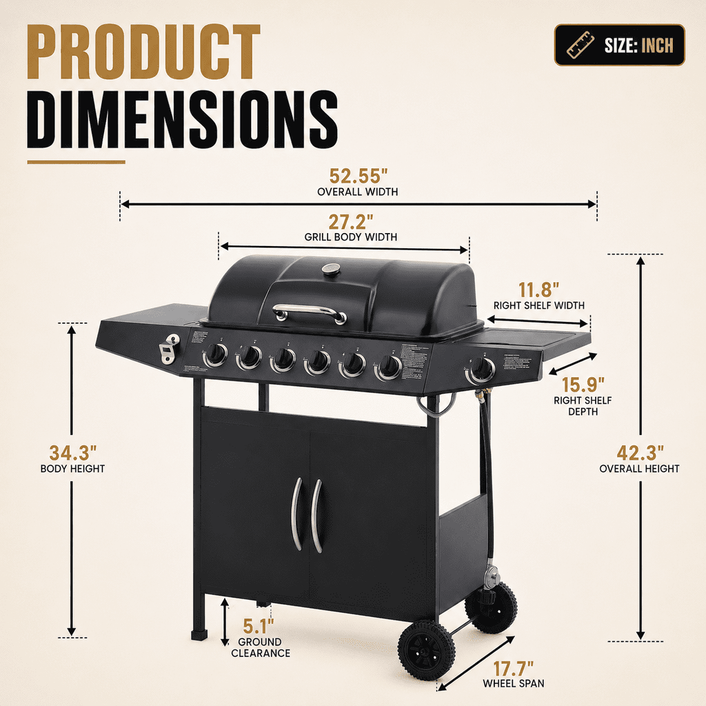 6-Burner Propane Gas Grill with Side Burner, 59000 BTU Outdoor BBQ Grill with Porcelain-Enameled Grates, Warming Rack, Side Tables, Bottle Opener, Thermometer and Wheels for Patio Backyard Cooking