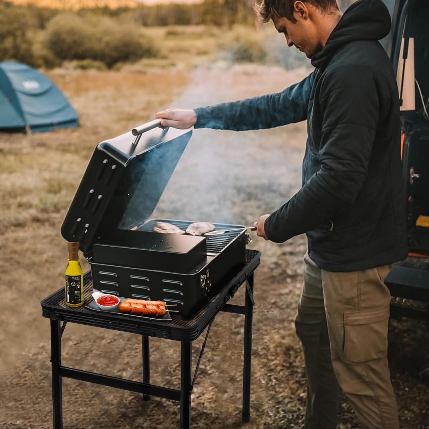 Tiagowell Lightweight Folding Grill Table with Mesh Desktop, Camping Table Folding Portable Camp Aluminum ,Picnic, Backyard, BBQ, Patio, Black