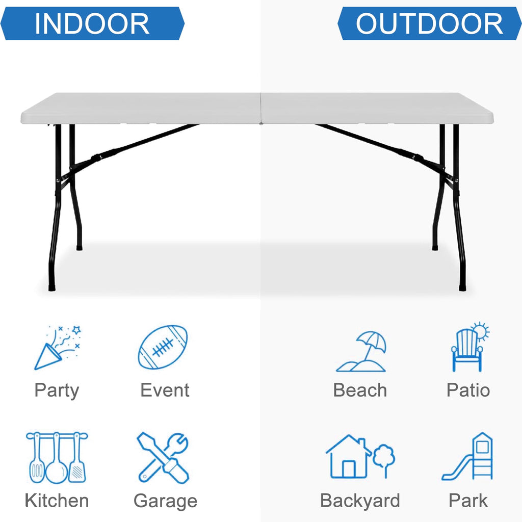 Leumius 6 Foot Folding Table,Fold-in-Half Plastic Table,Indoor Outdoor Picnic Party Dining Camp Tables,White