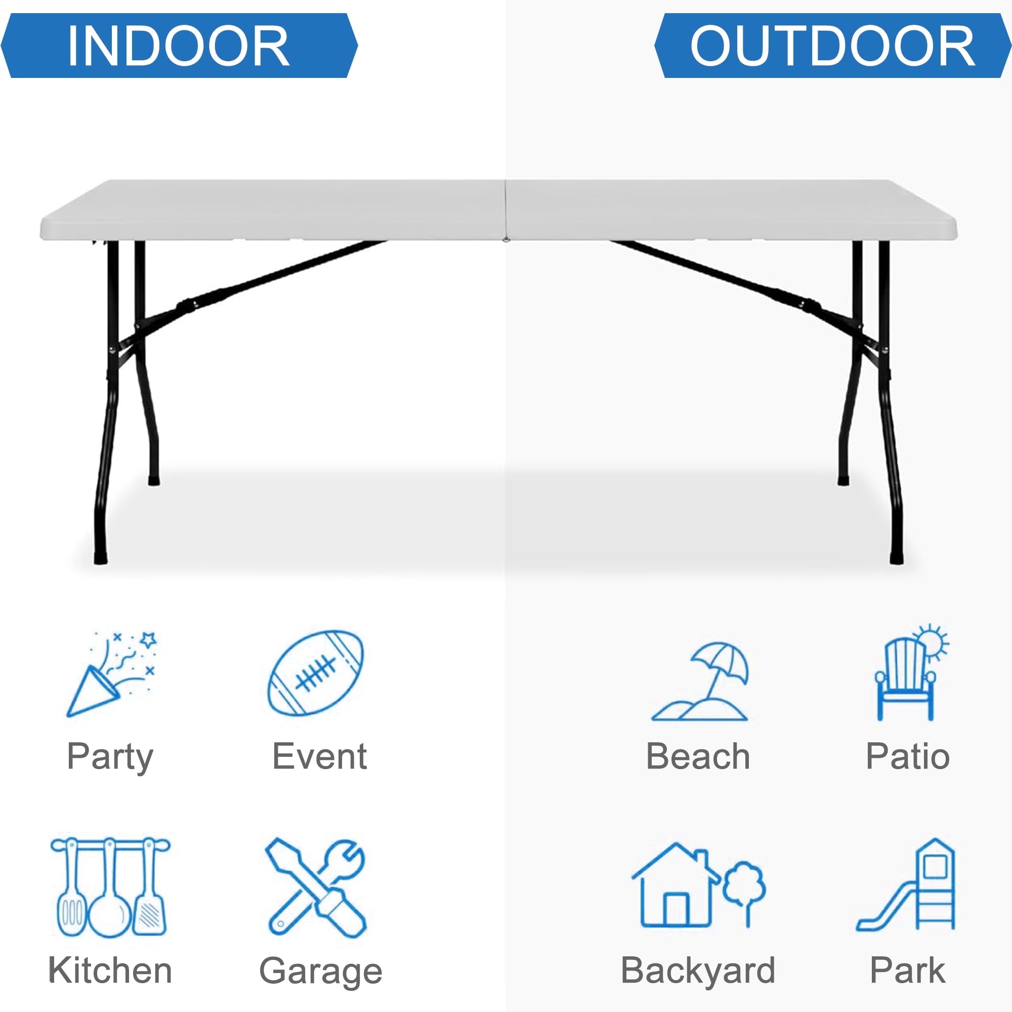 Leumius 6 Foot Folding Table,Fold-in-Half Plastic Table,Indoor Outdoor Picnic Party Dining Camp Tables,White