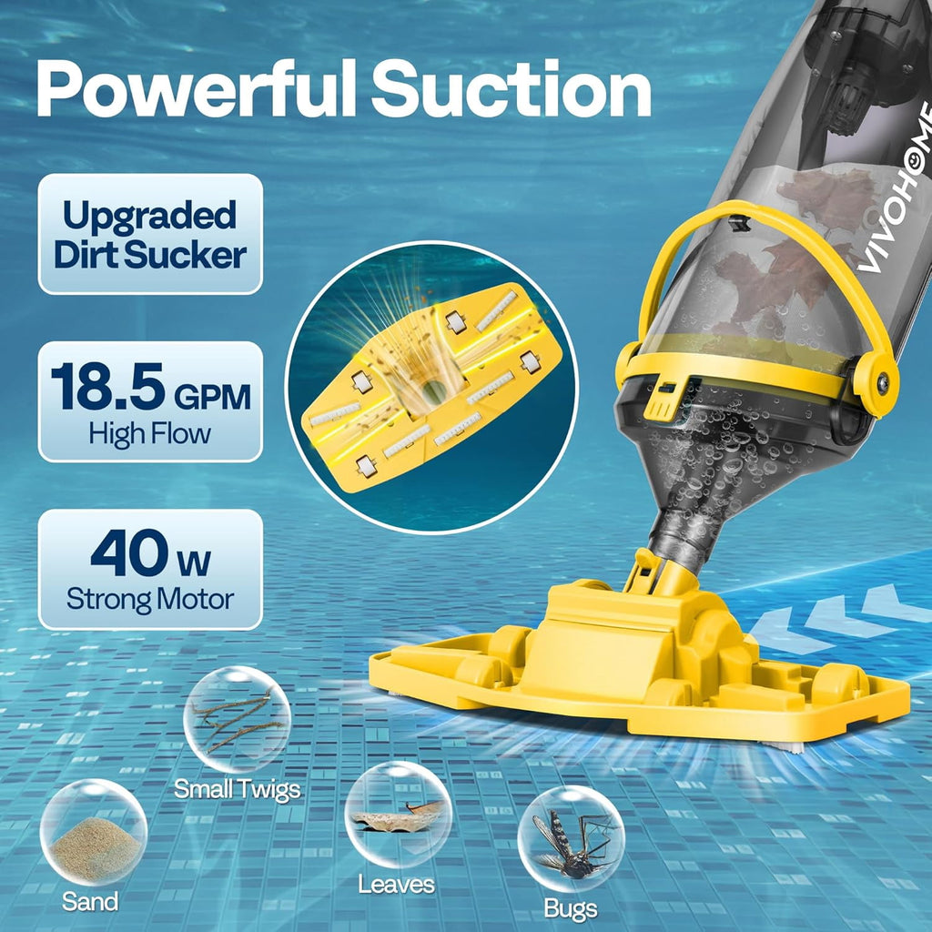 SPECSTAR Cordless Pool Vacuum with Telescopic & Extension Poles 9.12ft, 18.5 GPM Suction, 60-Min Run Time, Handheld Cleaner Rechargeable with Battery Indicator for Pools/Spas/Hot Tubs - Yellow