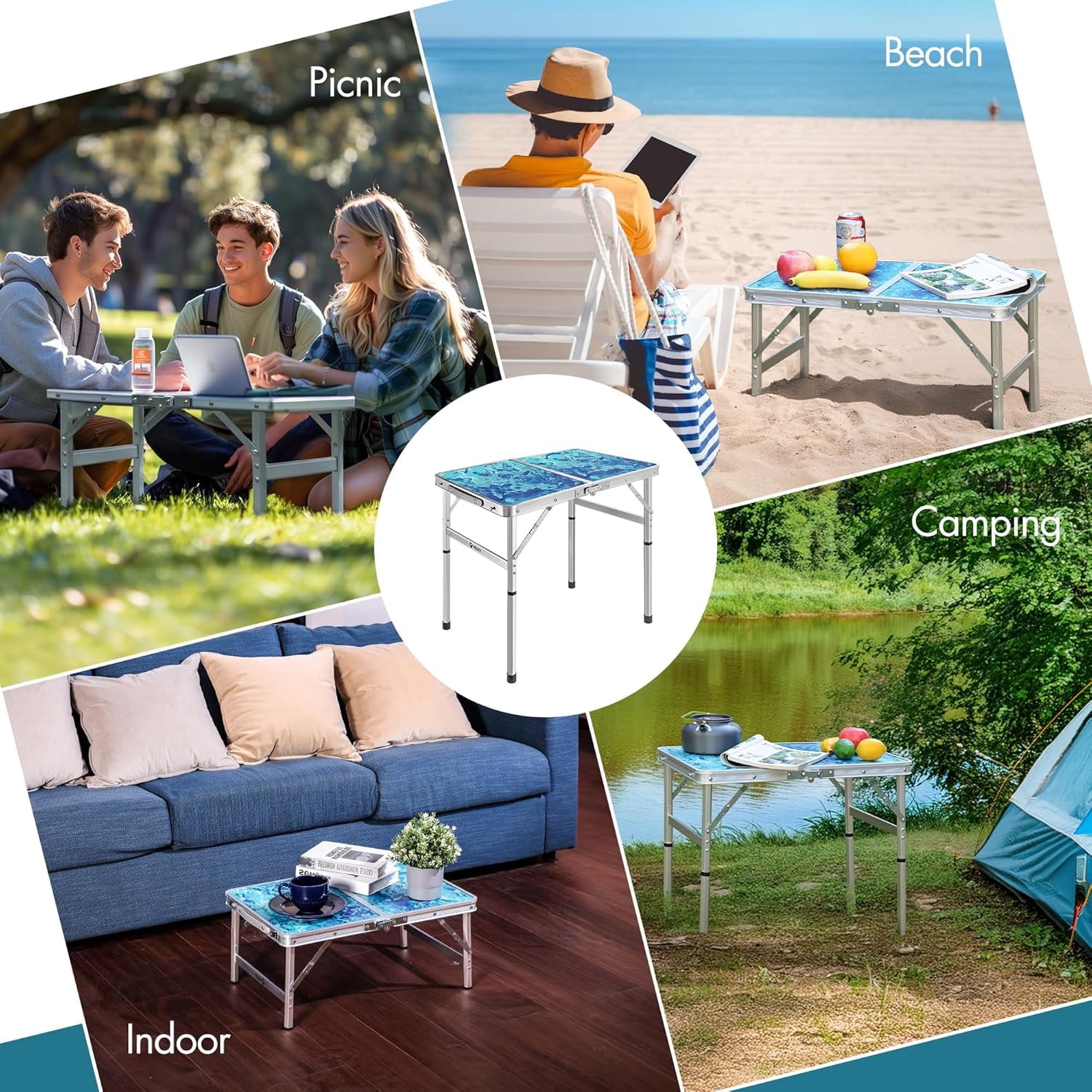 VILLEY Folding Camping Table 2FT, Adjustable Height Portable Aluminum Picnic Table with Carry Handle for Outdoor, BBQ, Beach