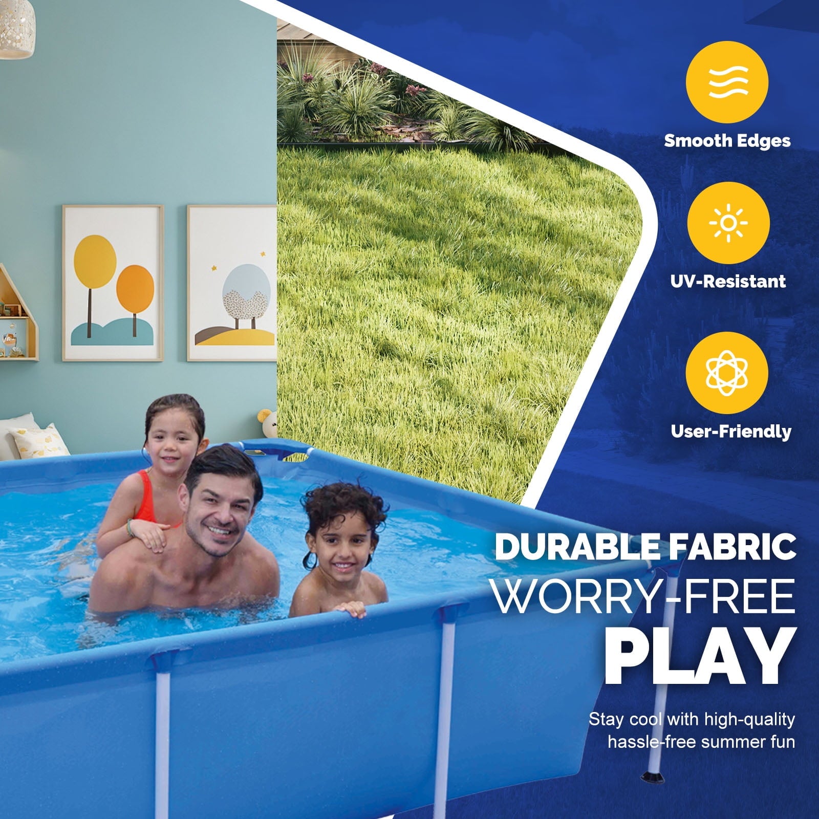 Honeydrill 6.2ft x 4.2ft x 16.5in Rectangular Metal Frame Above Ground Swimming Pool for Family, Blue
