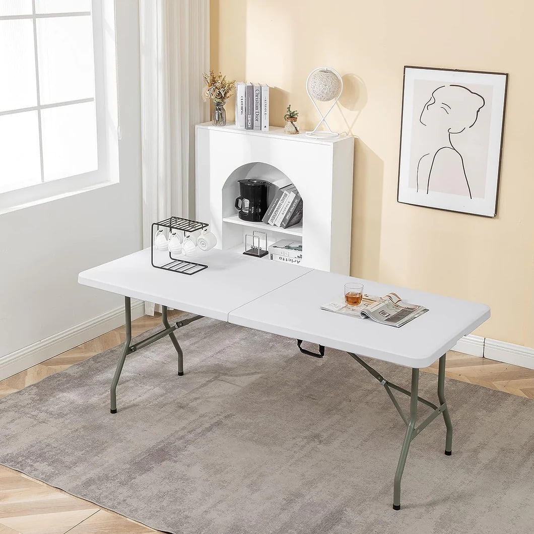 Leumius 6 Foot Folding Table,Fold-in-Half Plastic Table,Indoor Outdoor Picnic Party Dining Camp Tables,White