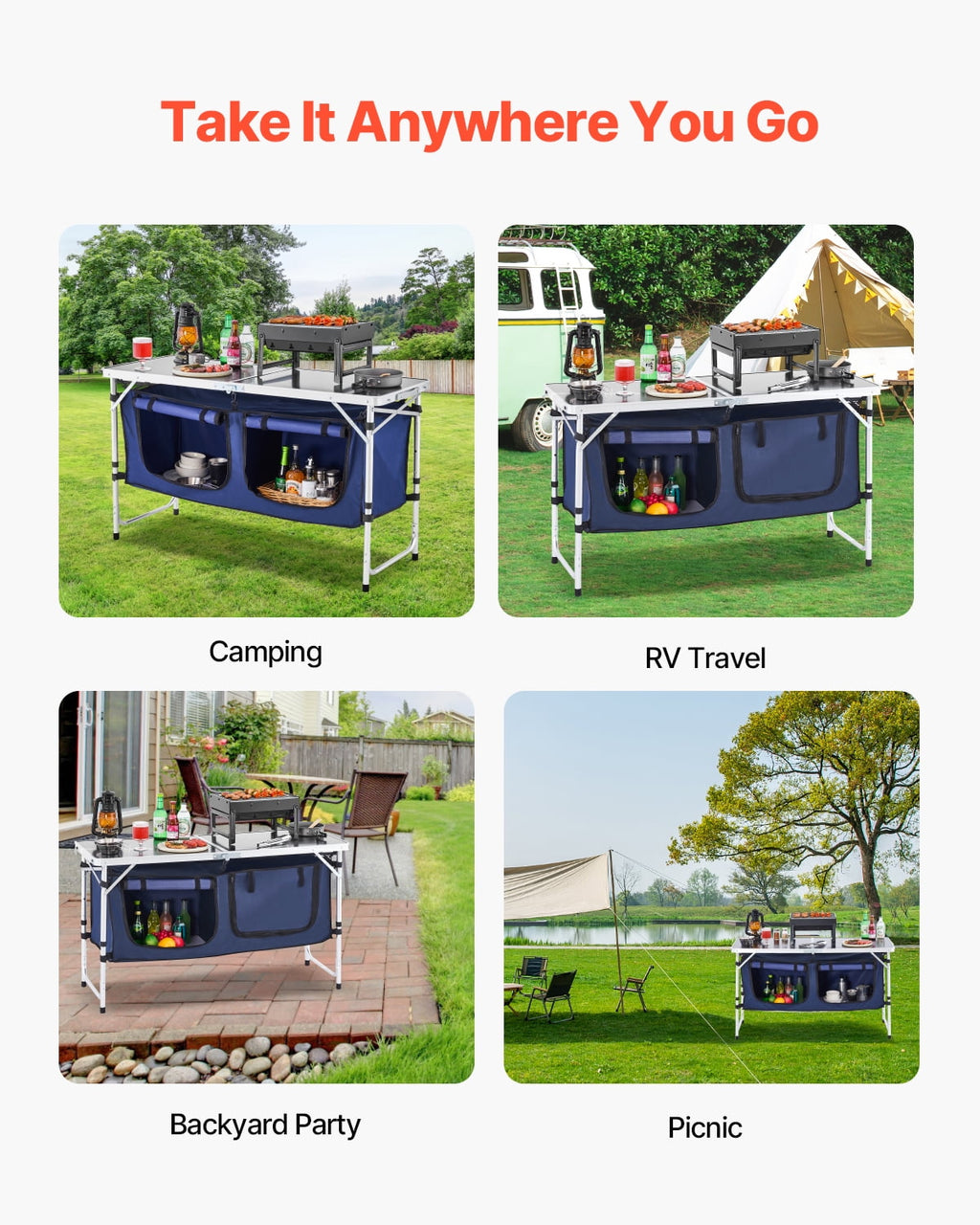 VEVOR Camping Kitchen Table, Quick set-up Folding Camping Table with A Carrying Bag, 3 Adjustable Heights, MDF Camping Table, Ideal for Outdoor Picnics, BBQs, Camping, RV Traveling