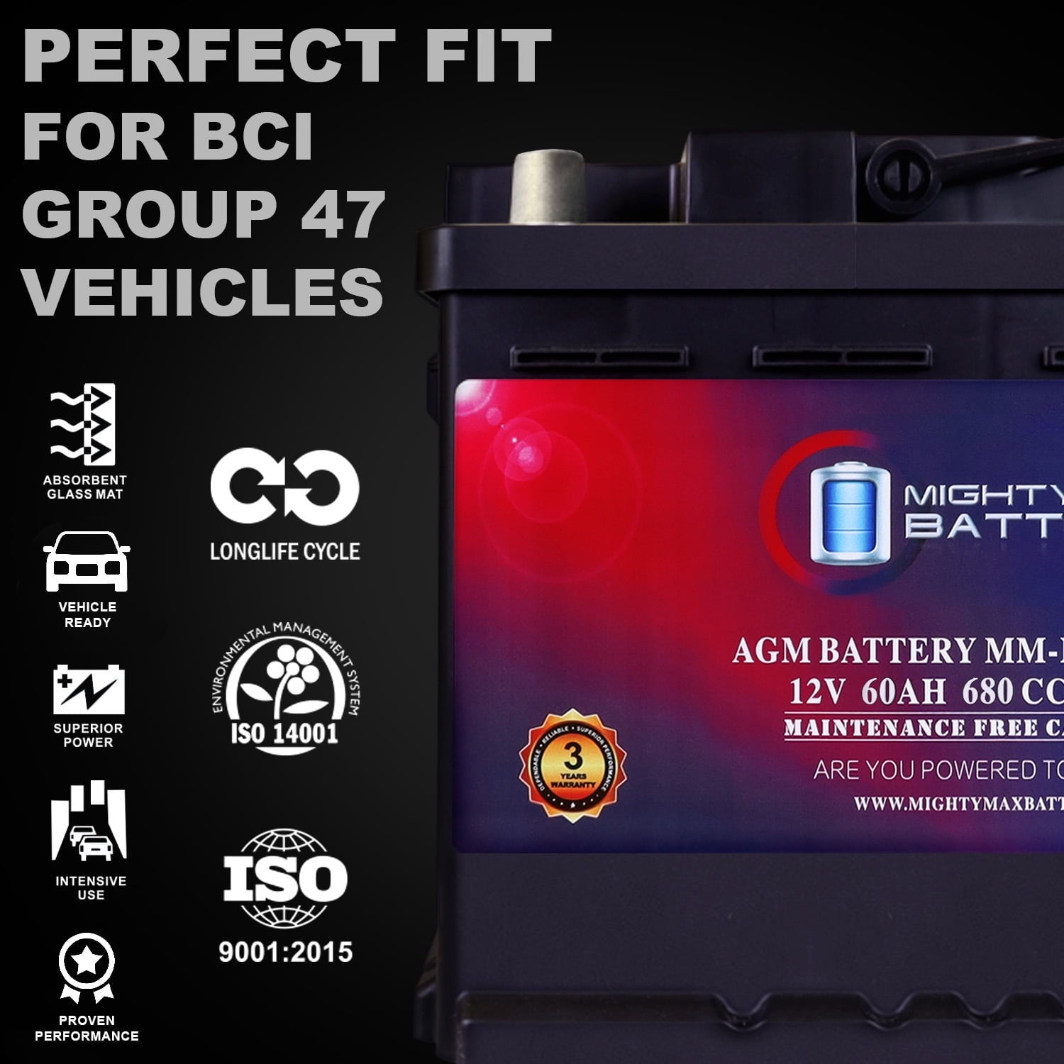 MM-H5 Start and Stop Car BCI Group Size 47 12V 60 AH, 100RC, 680 CCA Rechargeable AGM Car Battery