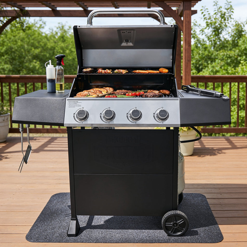 Expert Grill, 4-Burner Propane Gas Grill with Side Table and Wheels, Stainless Steel