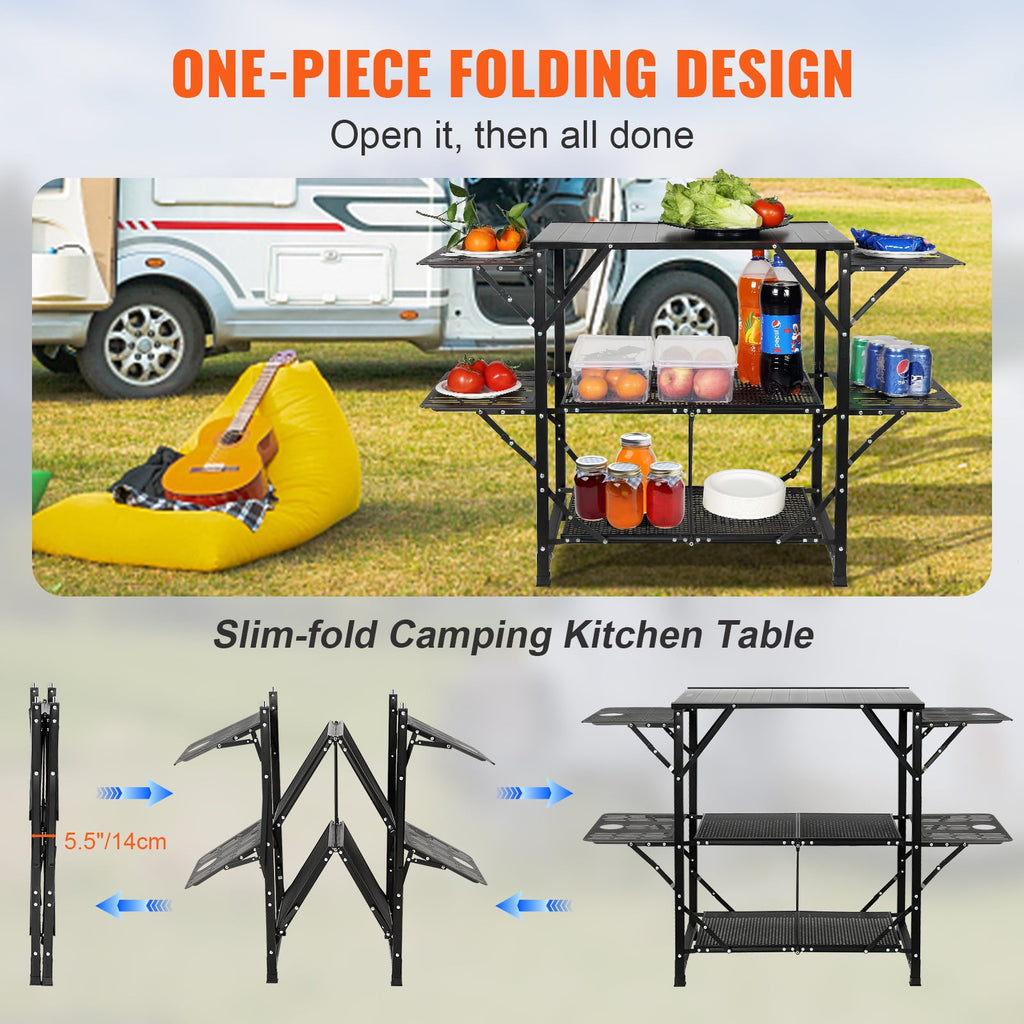 VEVOR Camping Kitchen Table, Quick set-up Folding Camping Table with A Carrying Bag, 3 Adjustable Heights, MDF Camping Table, Ideal for Outdoor Picnics, BBQs, Camping, RV Traveling