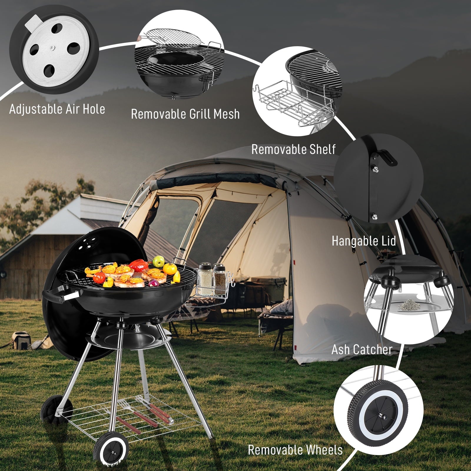 Zimtown 18 Portable Charcoal BBQ Clearance Grill Outdoor Camping Backyard with Side Wheels Black