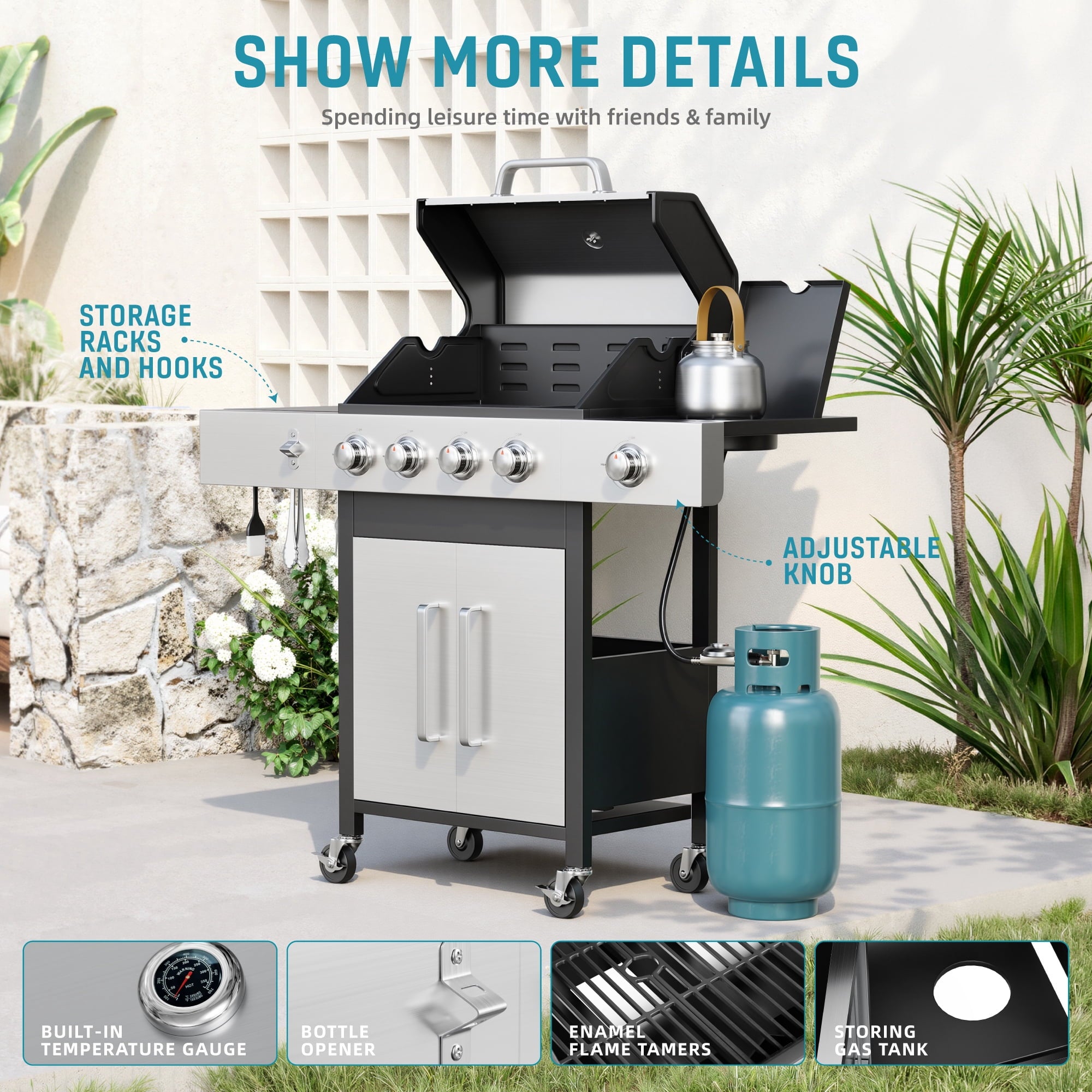 Biotree 3 Burner Gas Grill with Side Burner,40800 BTU Barbecue Grill Propane Stainless Steel BBQ Grill with Porcelain-Enameled Cast Iron Grates for Outdoor Cooking