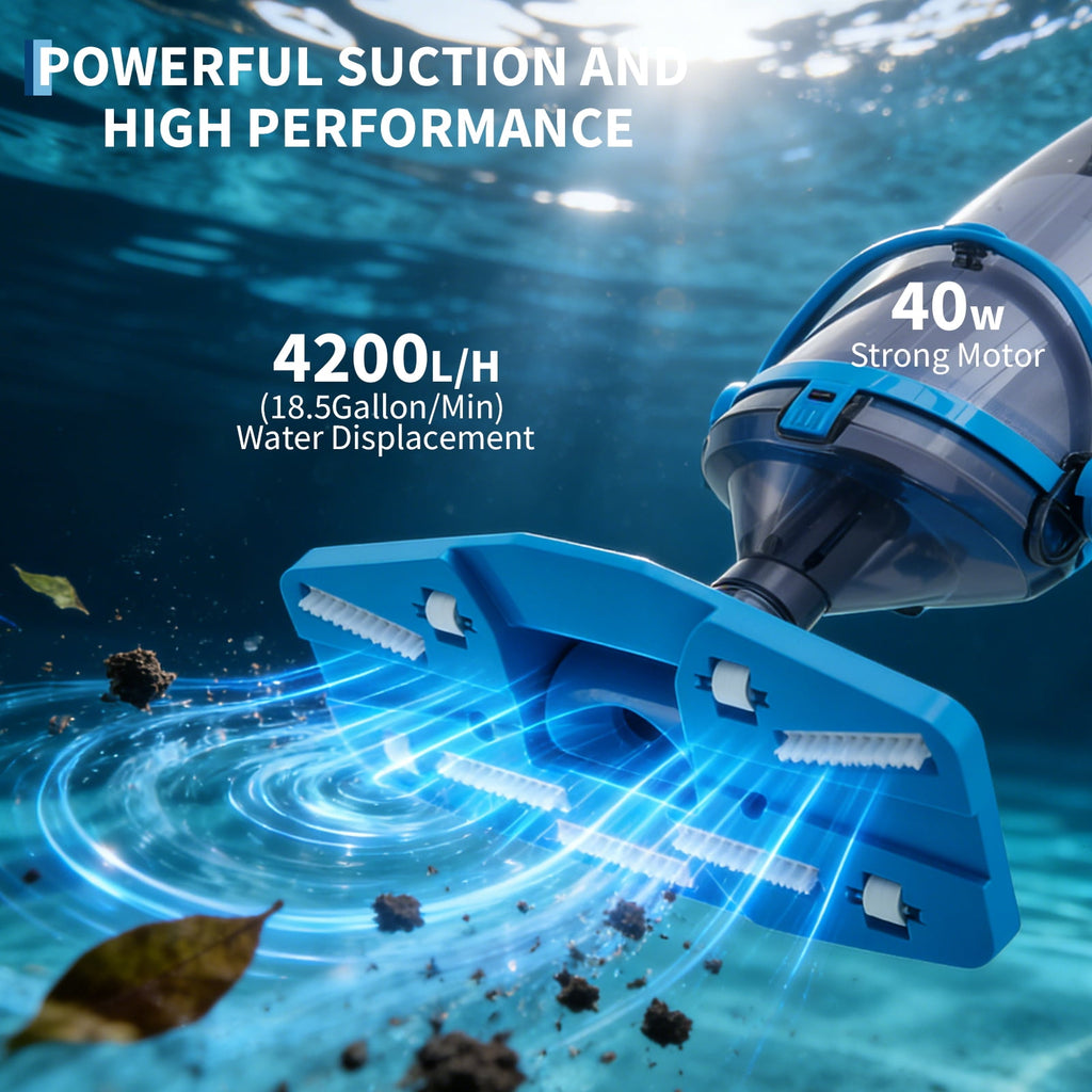 Kicctian Cordless Pool Vacuum, Handheld Pool Vacuum with Running Time up to 60-Minutes, Rechargeable Cleaner with Pole for Above Pools, Hot Tubs and Spas, Blue with LED Light