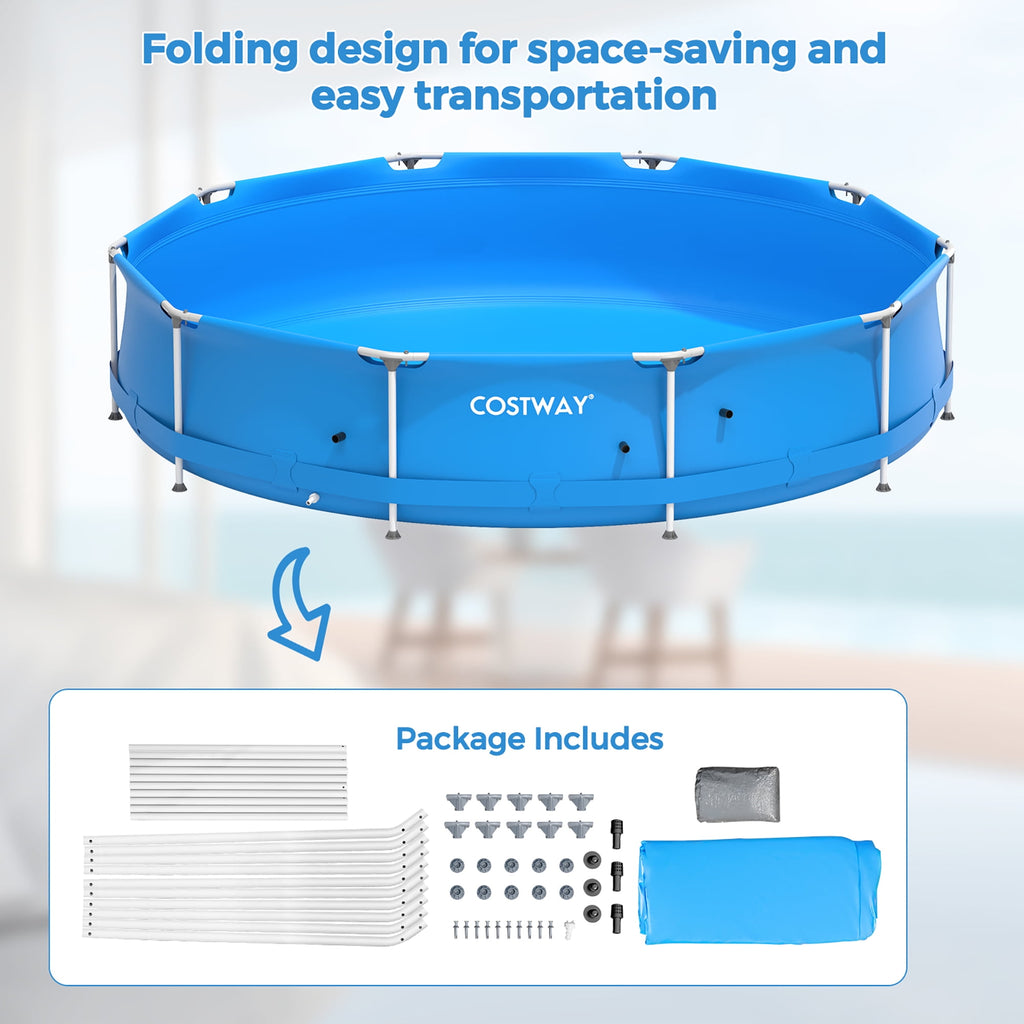 Costway Round Above Ground Swimming Pool Patio Frame Pool W/ Pool Cover Iron Frame Blue