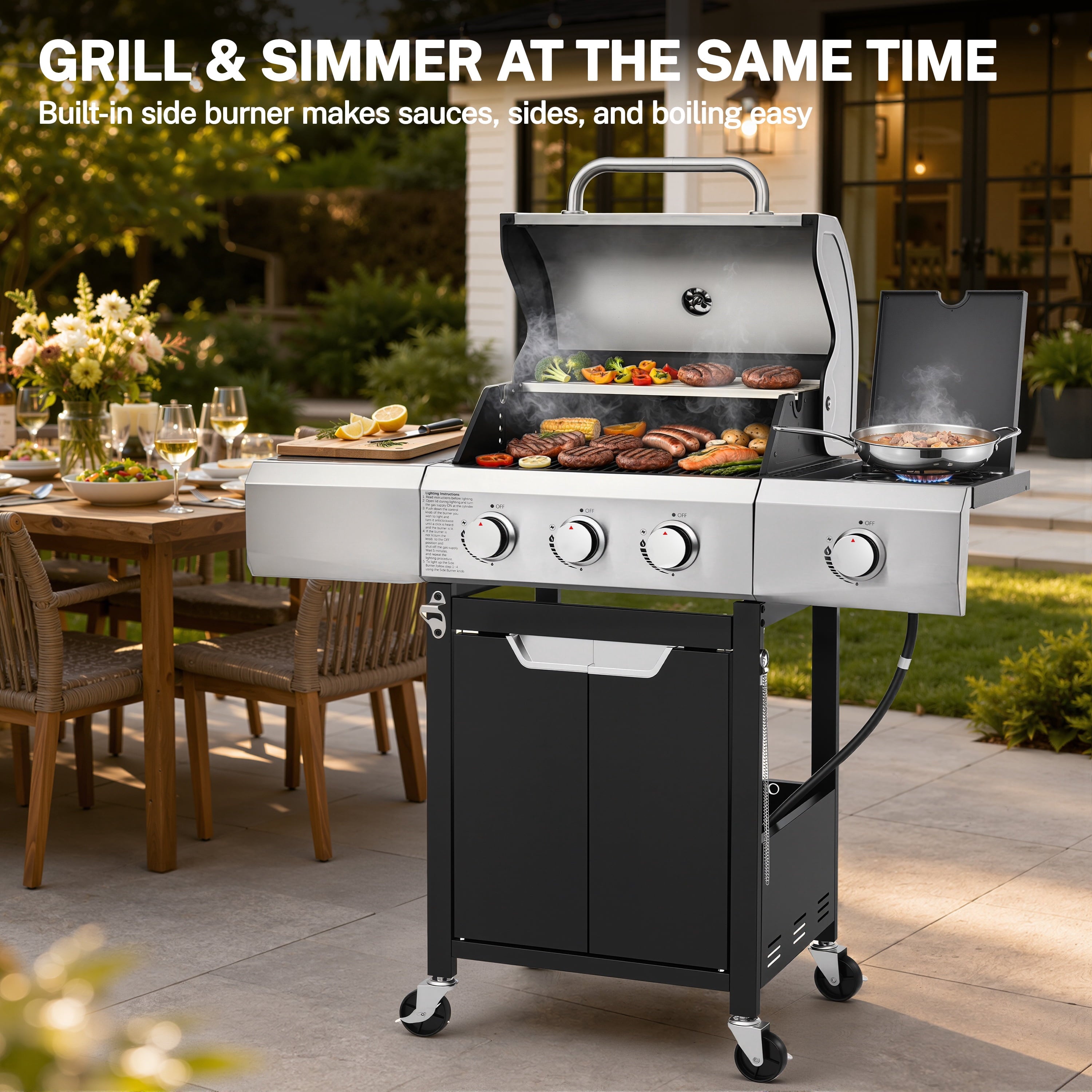 Segmart 4 Burner BBQ Propane Gas Grill with Side Burner, Stainless Steel 50,000 BTU Patio Barbecue Grill with Shelf, Gas Tank Hook, Towel Rack & Bottle Opener, Fits for Camping, Outdoor Cooking