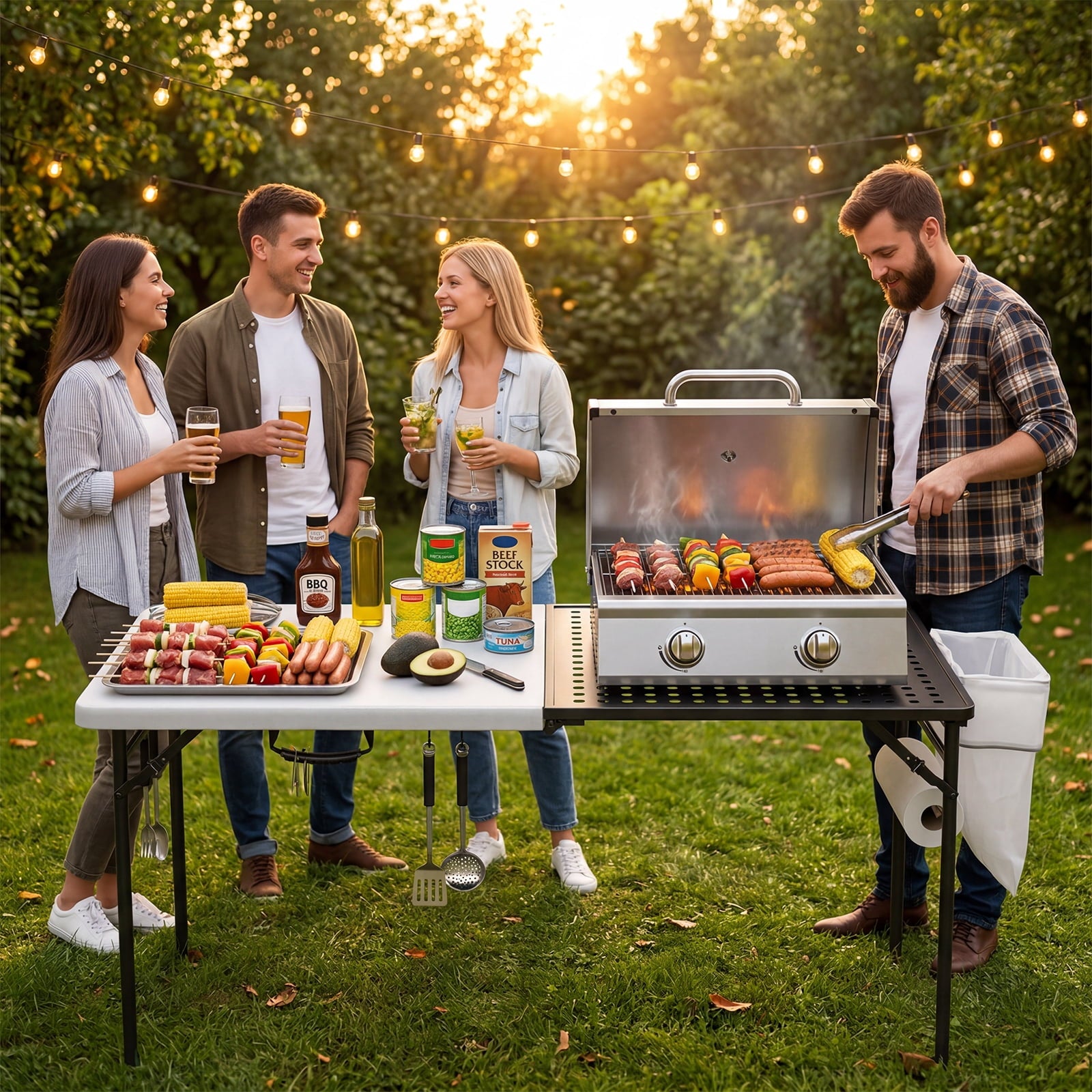 HaiNova Outdoor Folding Grill Table, 5 Foot Cook Table with Storage for Cooking Accessories, Foldable & Portable for Picnic, BBQ, and Party