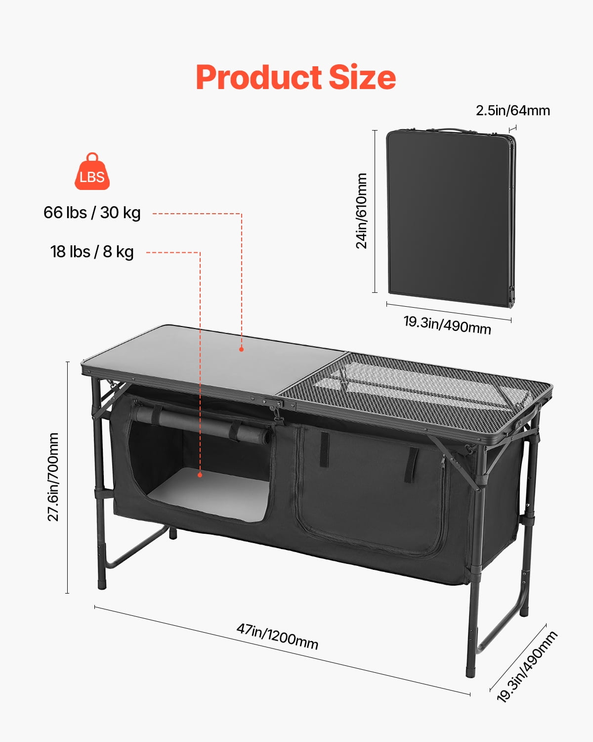VEVOR Camping Kitchen Table, Quick set-up Folding Camping Table with A Carrying Bag, 3 Adjustable Heights, MDF Camping Table, Ideal for Outdoor Picnics, BBQs, Camping, RV Traveling