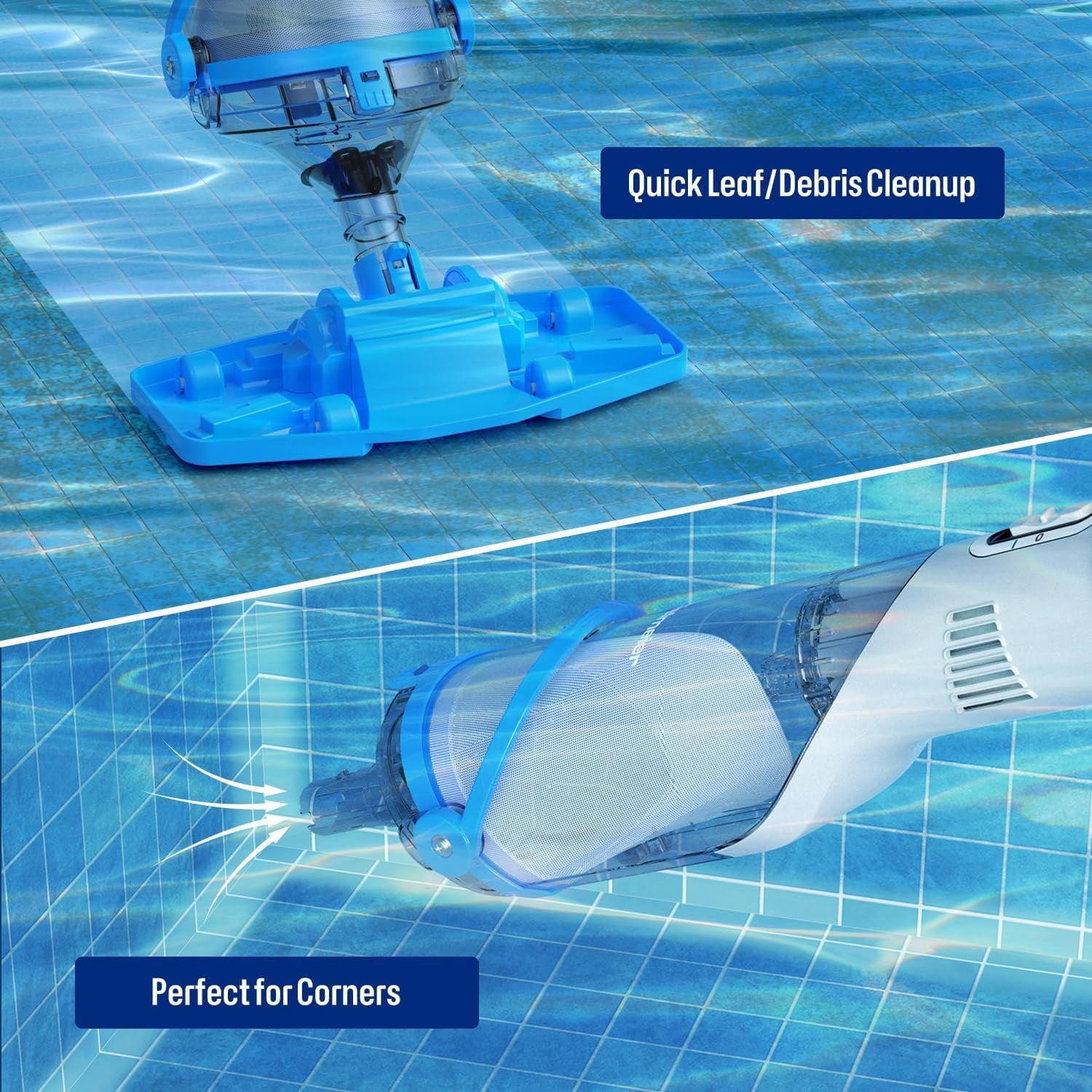 Cordless Pool Vacuum with Telescopic Pole, 18.5 GPM Powerful Suction, 60 Min Runtime, Handheld Rechargeable Pool Vacuum Cleaner for Above Ground/Inground Pools Hot Tubs Spas
