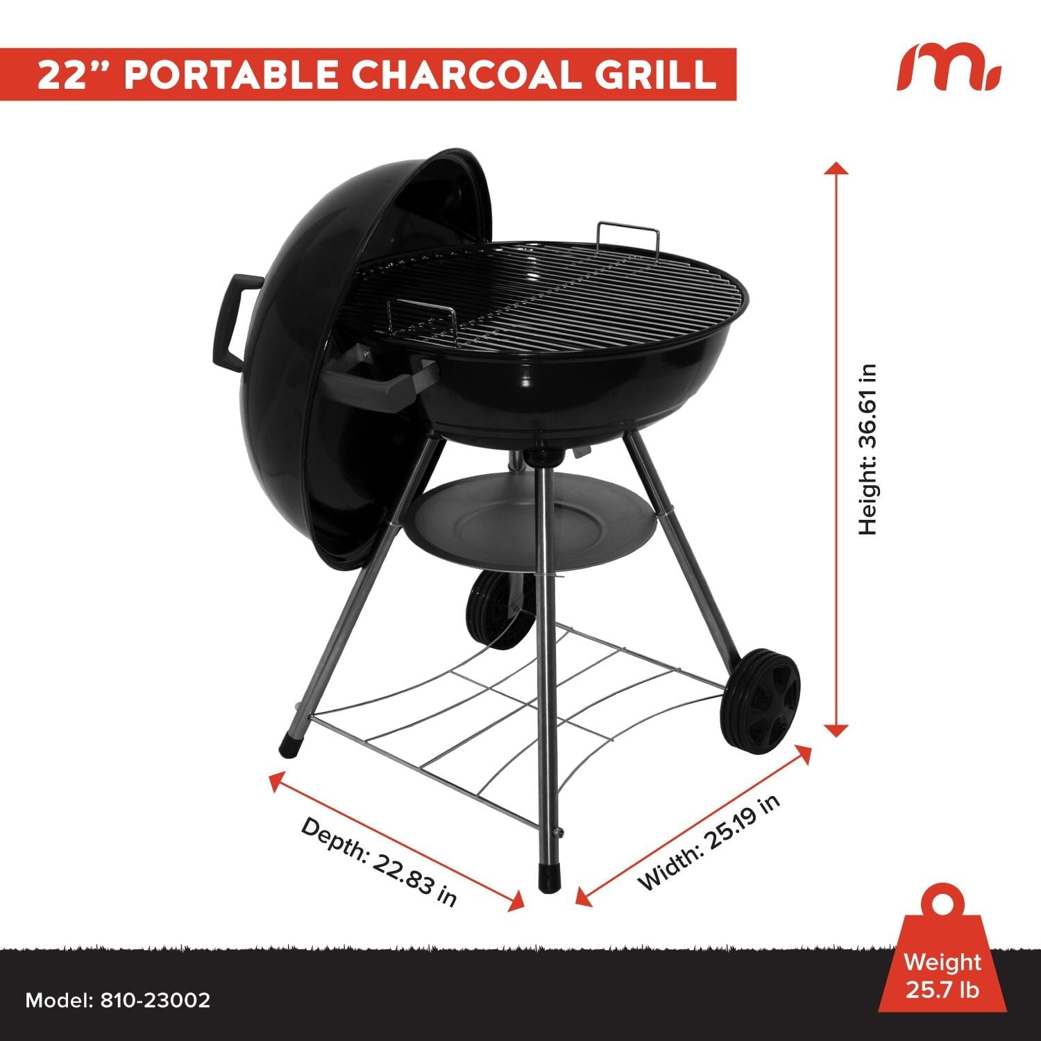 Megamaster – 22 Deluxe Charcoal Barbecue Grill with Adjustable Air Vent, Built-In Temperature Gauge, 368 SQ. In Cooking Area, Storage Rack, Portable Grill for Camping, Picnics, and More - 810-23003