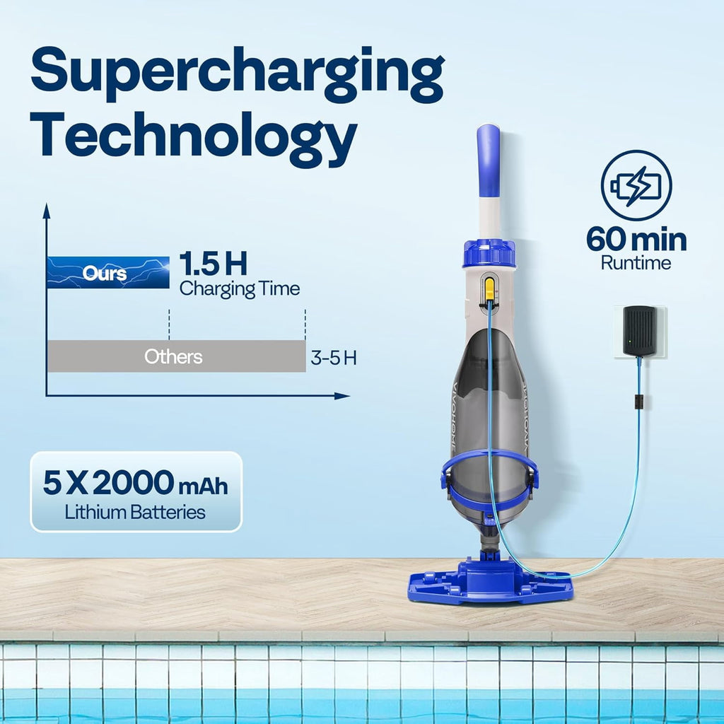 SPECSTAR Cordless Pool Vacuum with Telescopic & Extension Poles 9.12ft, 18.5 GPM Suction, 60-Min Run Time, Handheld Cleaner Rechargeable with Battery Indicator for Pools/Spas/Hot Tubs - Yellow