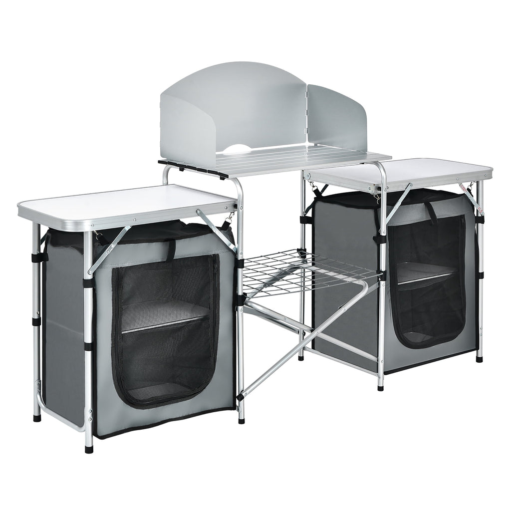 Costway Folding Portable Aluminum Camping Grill Table w/ Storage Organizer Windscreen Grey
