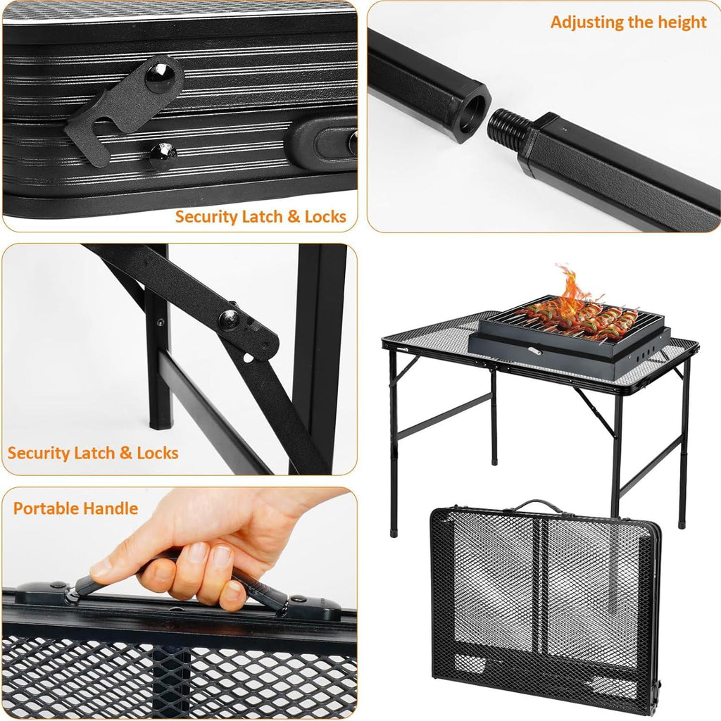 3FT Camping Folding Table with Adjustable Height(16.5/26), Black Metal Mesh Table with Carry Handle, Lightweight Portable Folding Grill Table for Camping Tailgating BBQ Picnic Indoor, up to 66 lbs